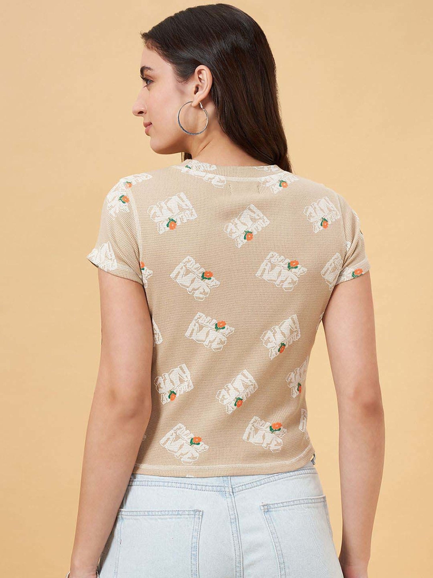 People by Pantaloons Khaki Printed T-Shirt