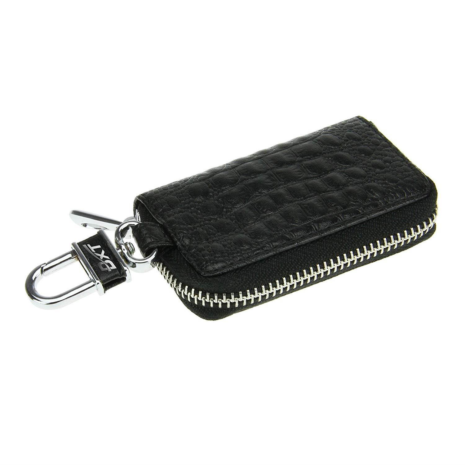 Womens Mens Luxury Delicate Crocodile Genuine Leather Pocket Size Key Pouch Bag Solid Color Zipper Universal Car Smart Key Case Holder Coin Purse Wallet Key Ring Hook Keychain Tags