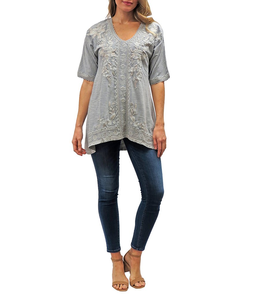 Karyn Seo Athena Tonal Embroidered Elbow Sleeve Tunic