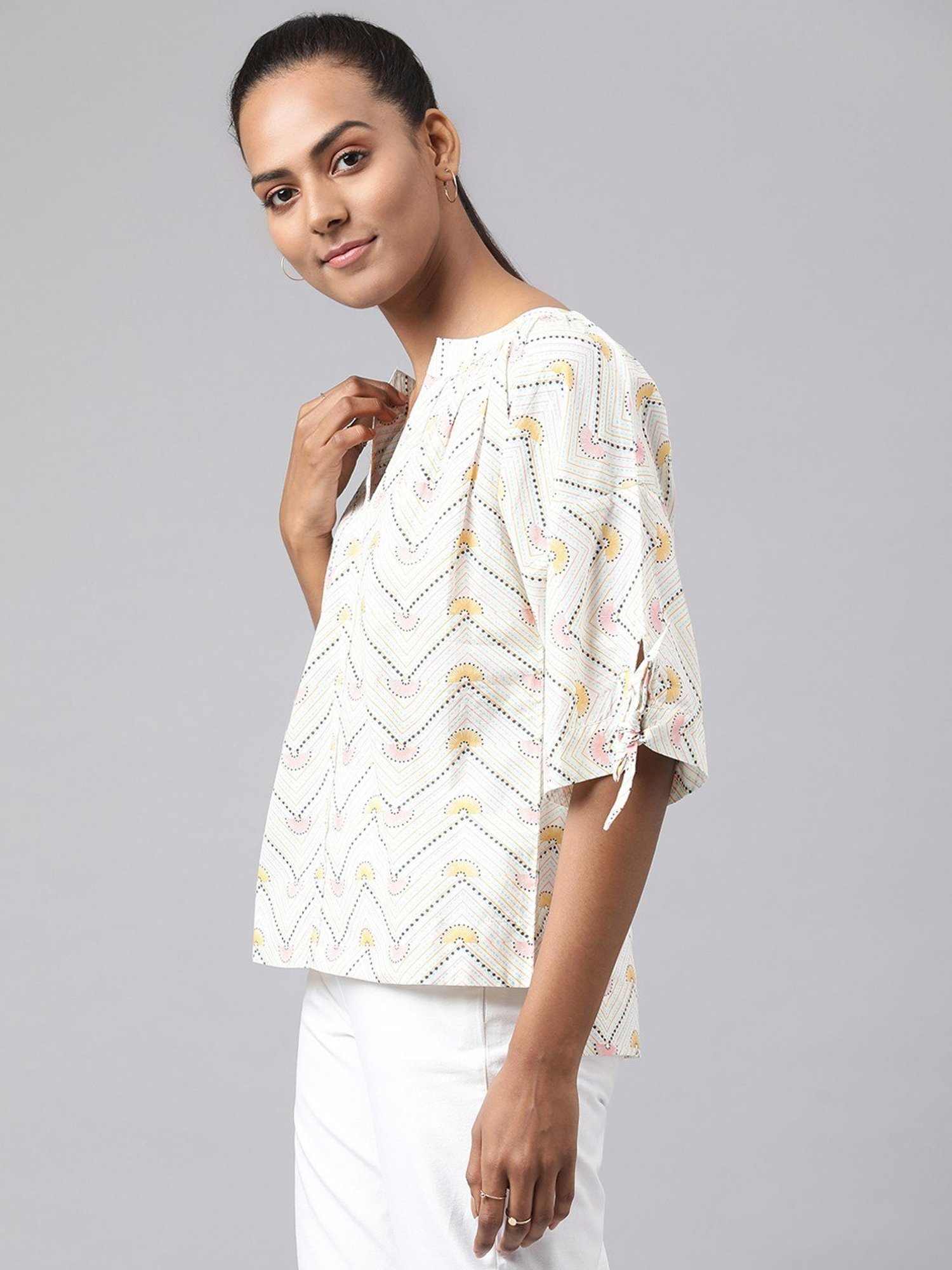 Fabindia White Cotton Printed Top