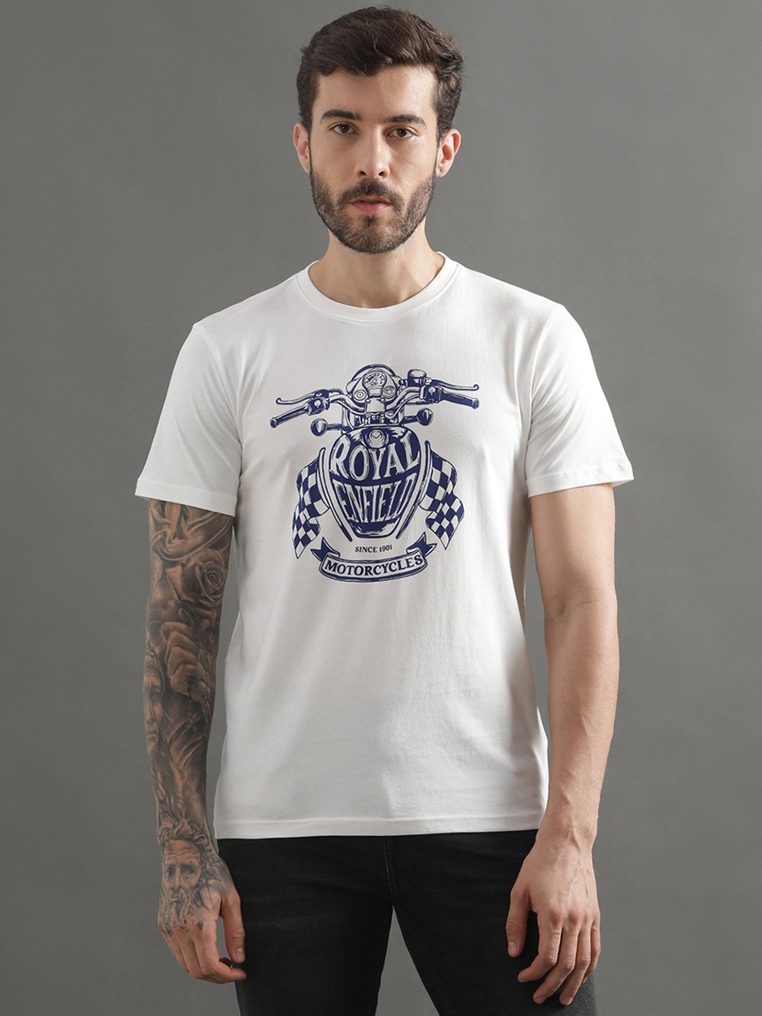Royal Enfield Classic White Regular Fit Printed Crew T-Shirt