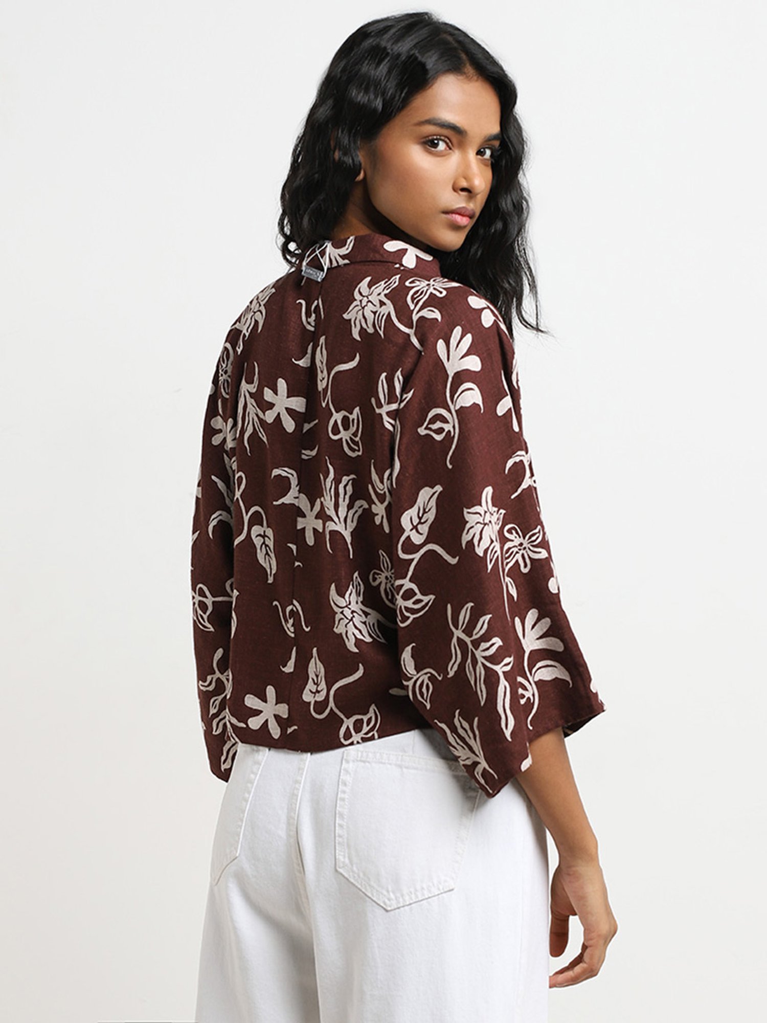 LOV by Westside Brown Floral Print Blended Linen Blouse