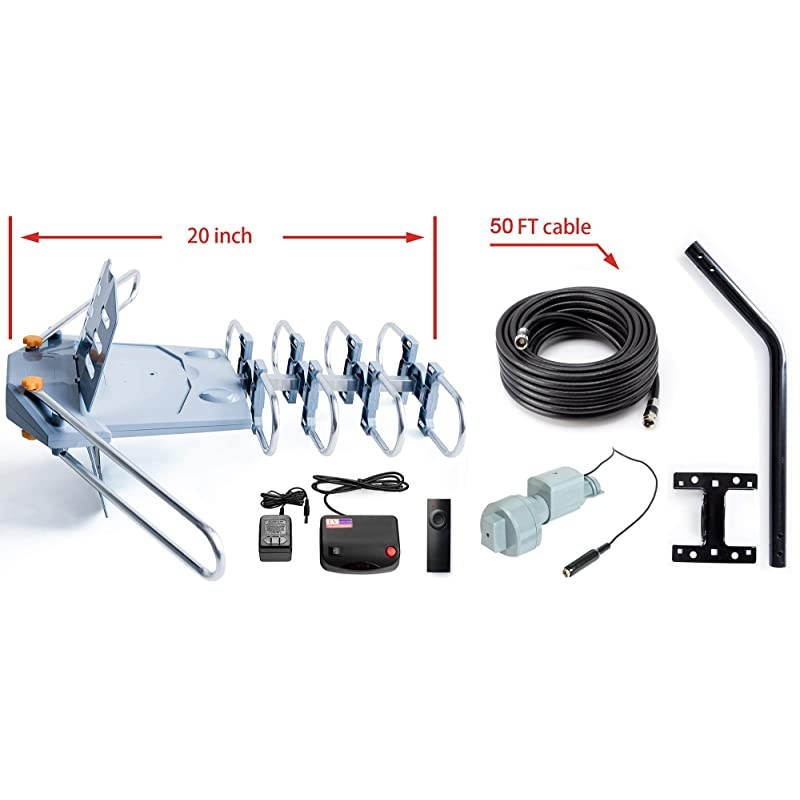 Digital Outdoor TV Antenna, 150 Mile Motorized 360 Degree Rotation Support 2 TVs, Mounting Pole, 50FT RG6 Coax Cable, 4G Filter, Wireless Remote Control, UHF/VHF, Snap-On Installation
