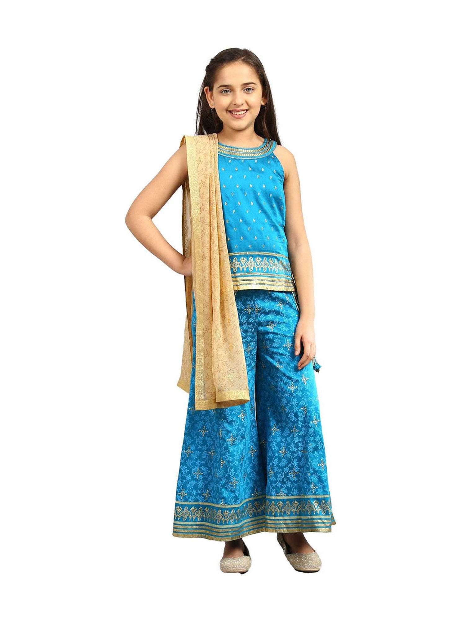 Aurelia Kids Blue & Beige Embellished Top, Palazzos with Dupatta