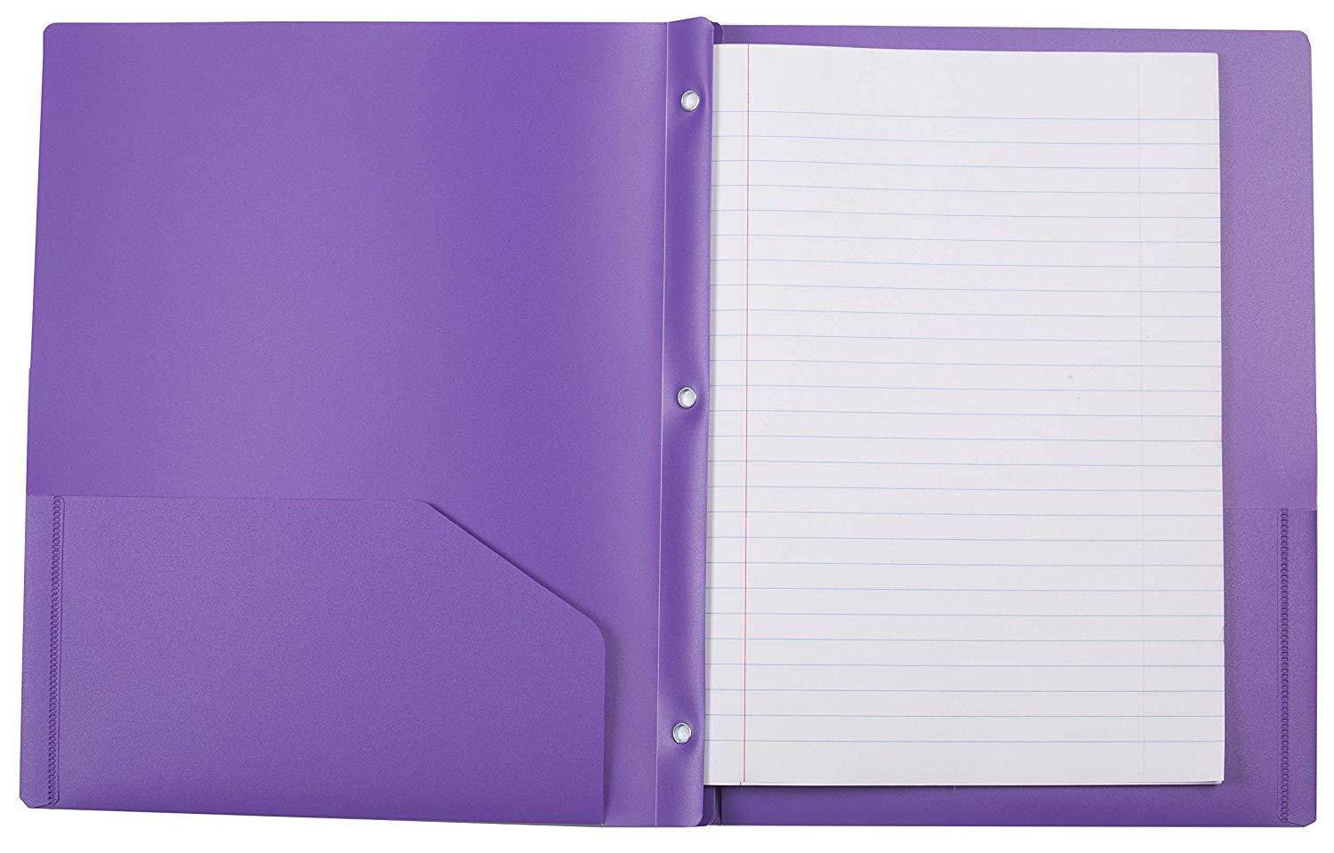 2 Pocket Plastic folders with 3 Prong Fasteners (Pack of 3) (Purple)