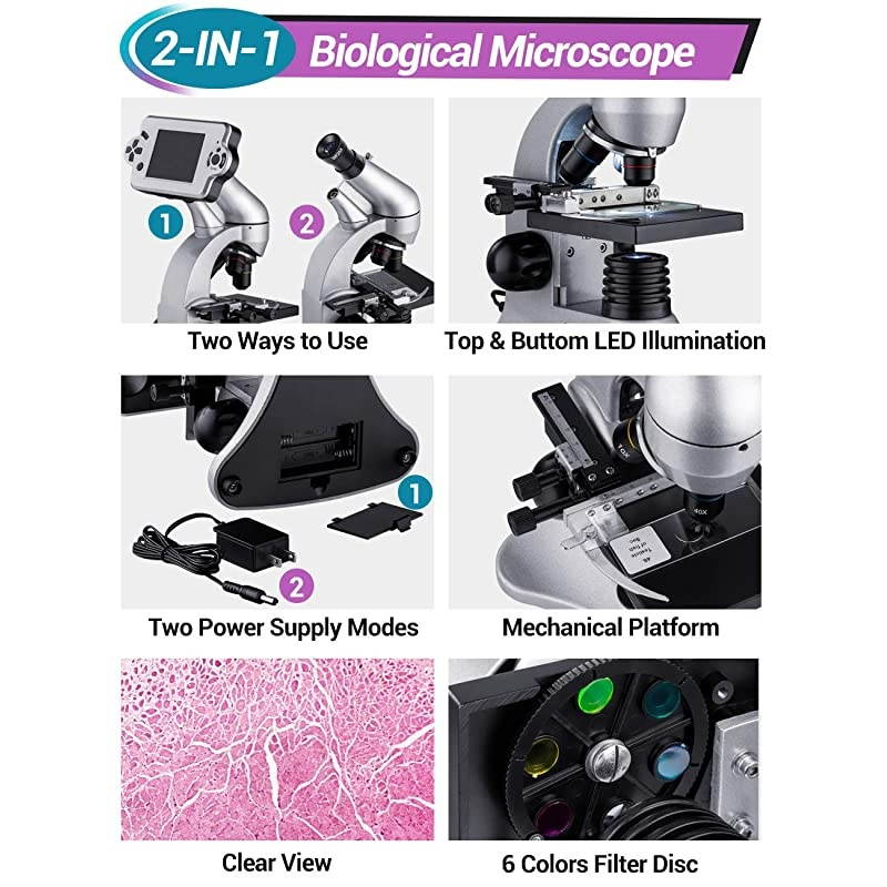 Digital Microscope 2000X Biological Microscope with Camera Screen Slides Set for Kids Students Adults School Laboratory Home Science Education