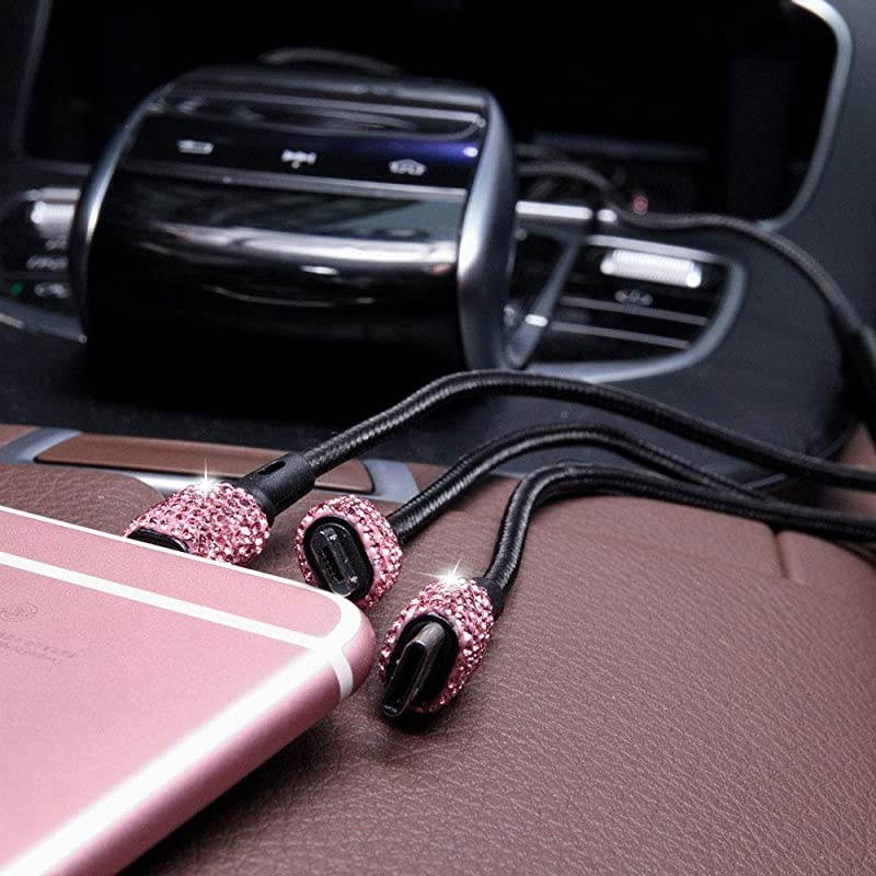 USB Car Charger 5V21A Pink Crystal Decoration Dual Port Fast Adapter with 39ft Nylon Type CMicro USB 3in1 Multi Charging Cable for iPhone iPad Android Car Interior Accessories for Women