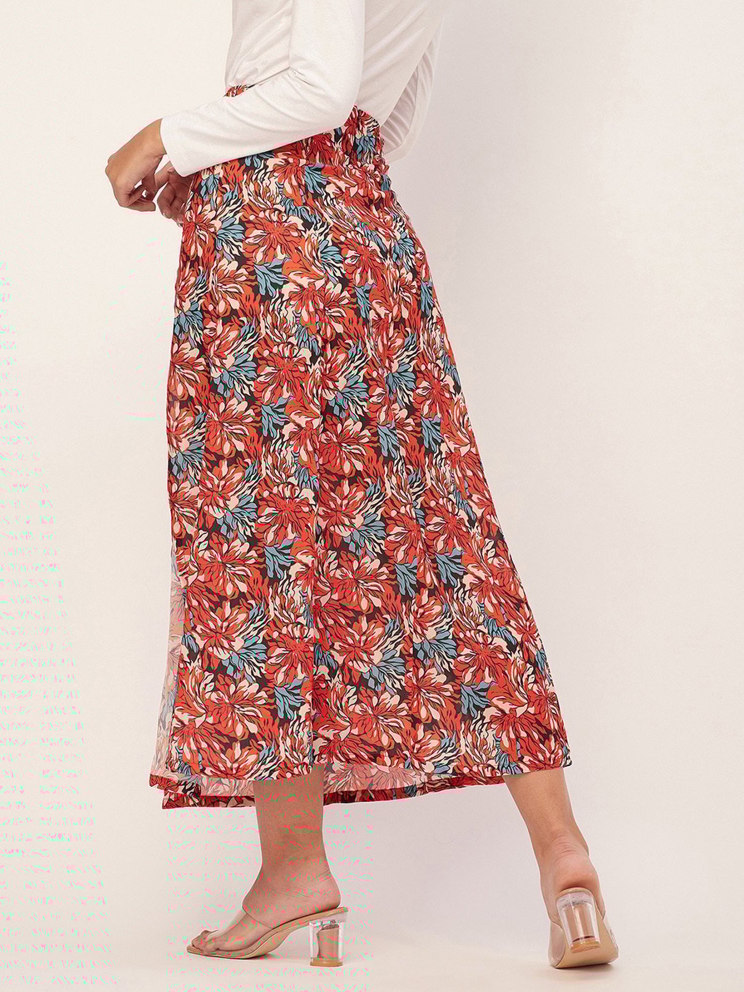 Moomaya Red Georgette Floral Print Skirt