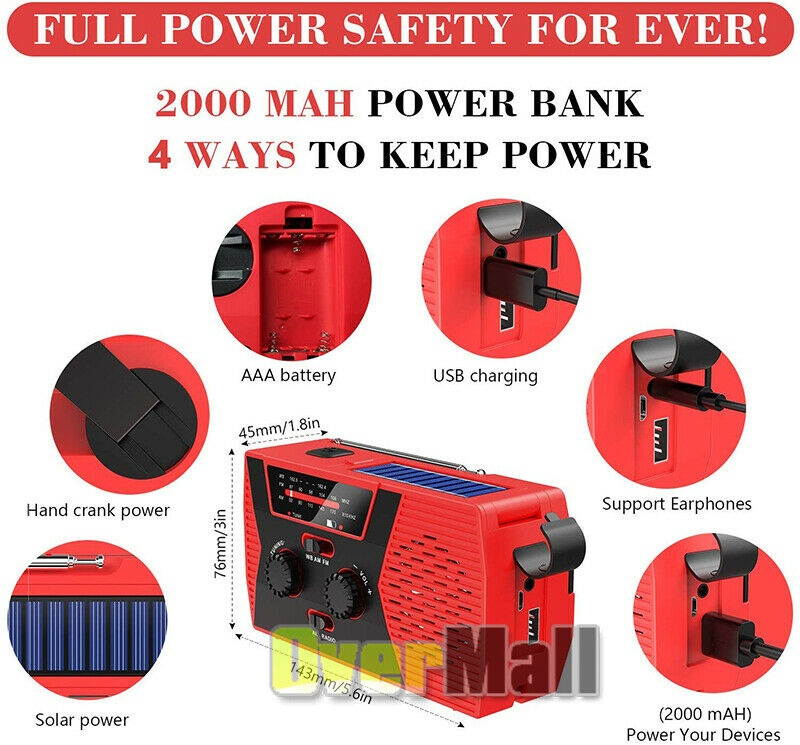 Emergency Solar Weather AM/FM Radio SOS Searchlight Handheld Spotlight Flashligh