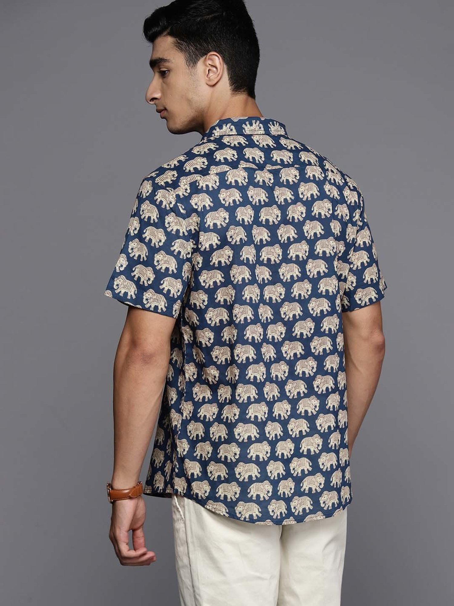 Indo Era Navy Regular Fit Printed Ethnic Shirt