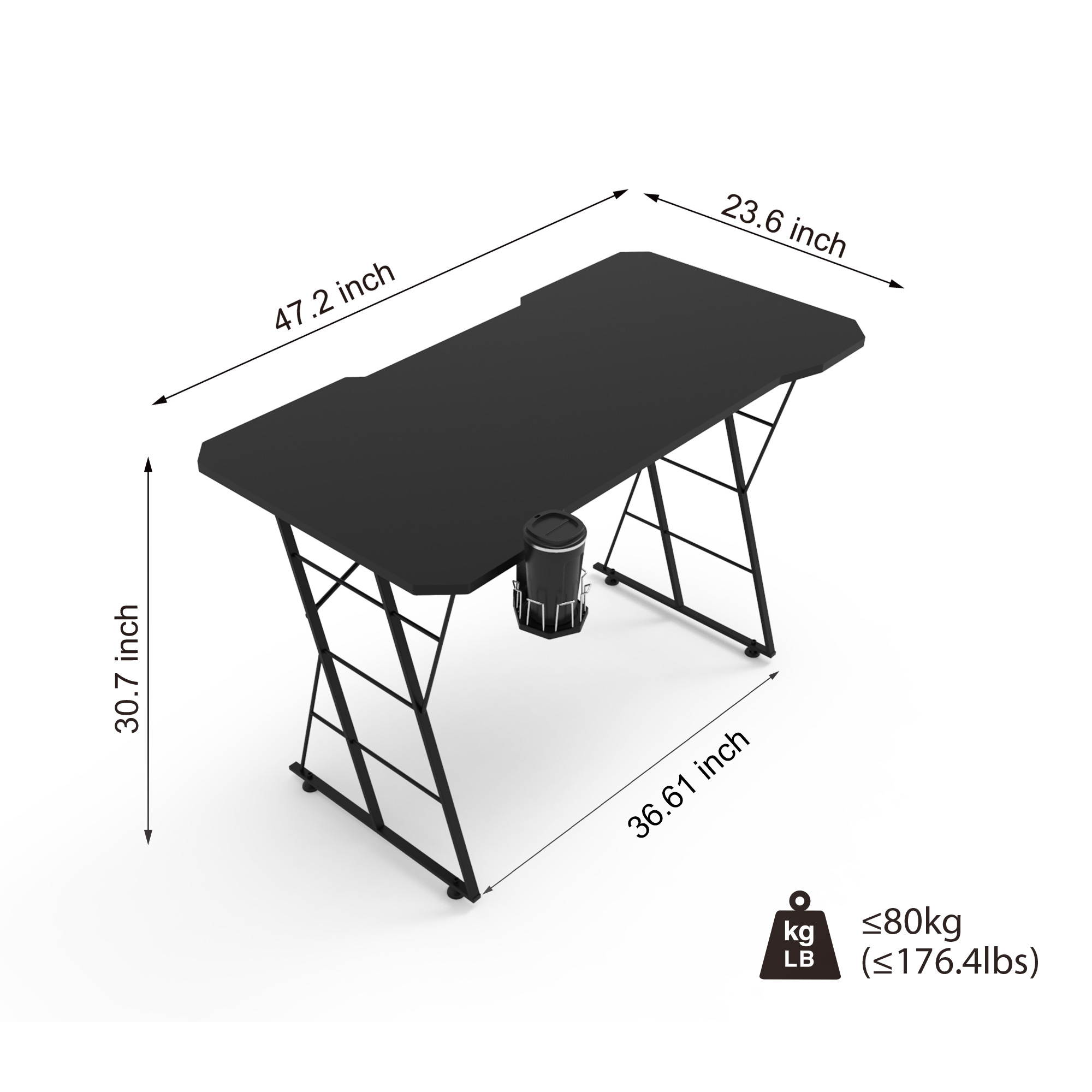 47.2 Inch Ergonomic Gaming Desk Home Office Desk Carbon Fiber Surface Computer Table E-sport Desk H-Shaped PC Desk with Monochrome Blue Light,Adjustable Table Leg Pad and Cup Holder
