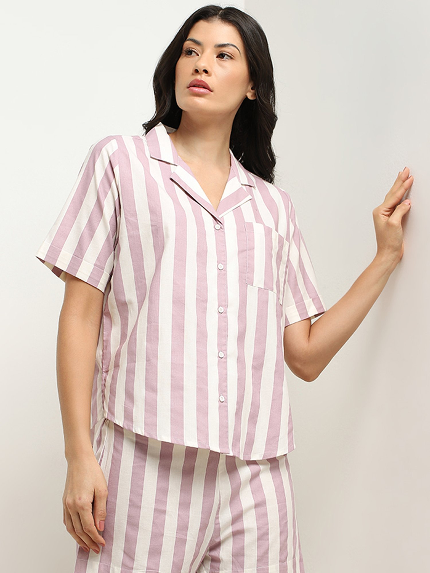 Wunderlove by Westside Dusty Pink Striped Cotton Shirt with Shorts Set