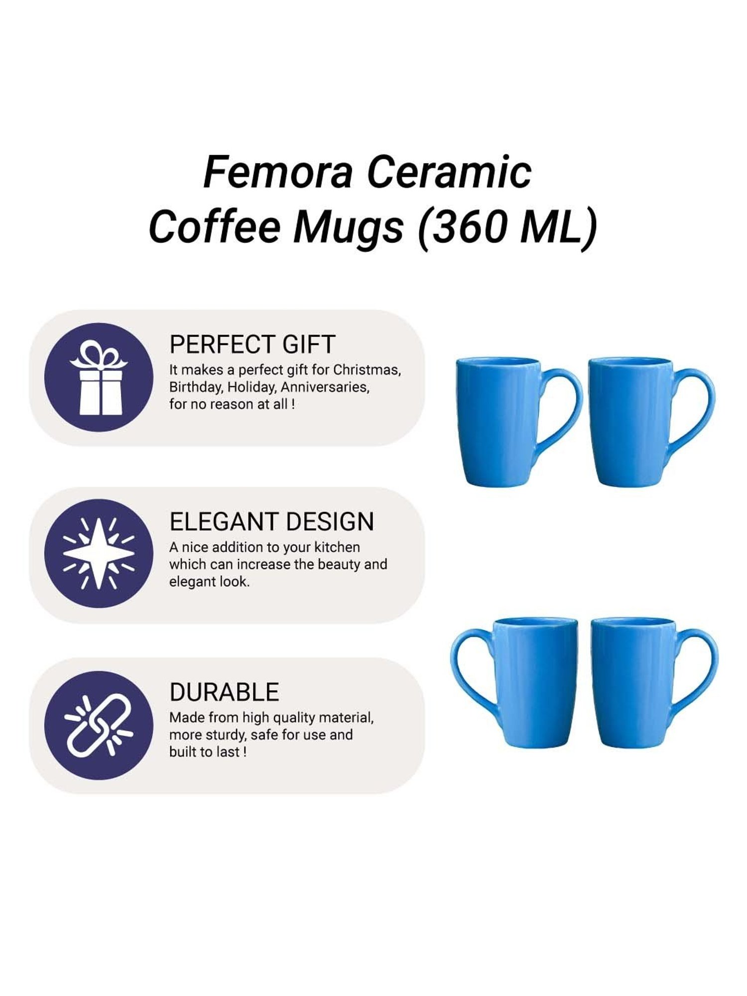 Femora Blue Ceramic Coffee Mugs (0.36 L) - Set of 6