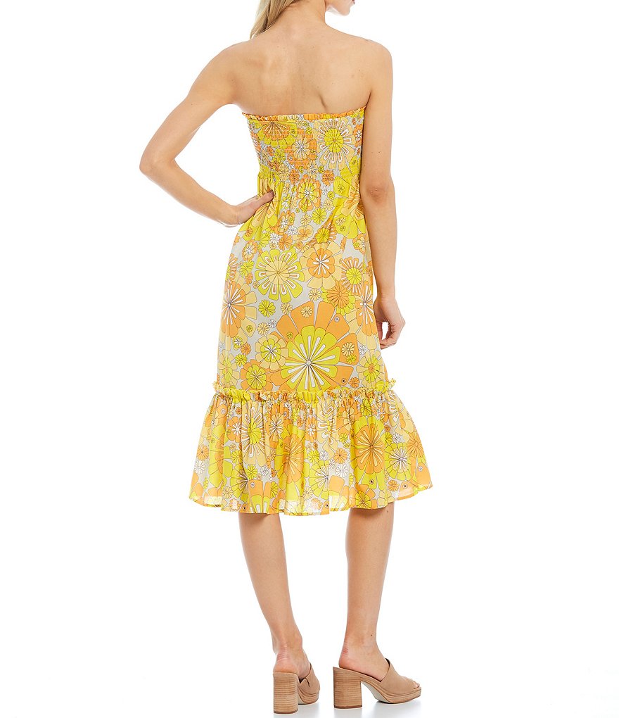 Julie Brown Hampton Floral Print Ruffle Hem Strapless Smocked Dress