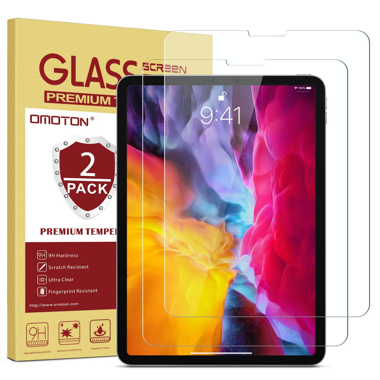 OMOTON [2 Pack] Screen Protector Compatible with iPad Pro 11 2020 2018 (1st and 2nd Generation) [Work with Face ID & Apple Pencil] - Tempered Glass/High Definition / 9H Hardness