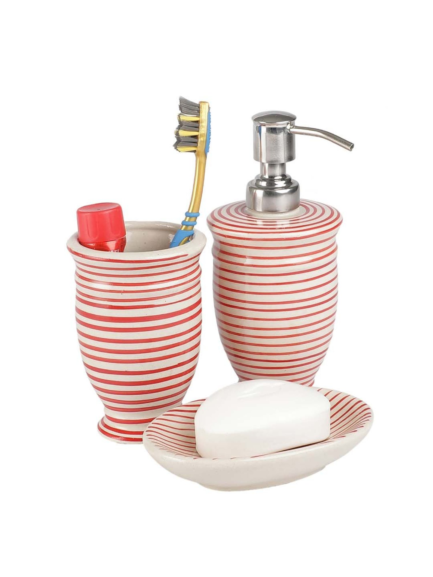 VarEesha Parikrama Red & Off-White Ceramic Bath Accessories - Set of 3