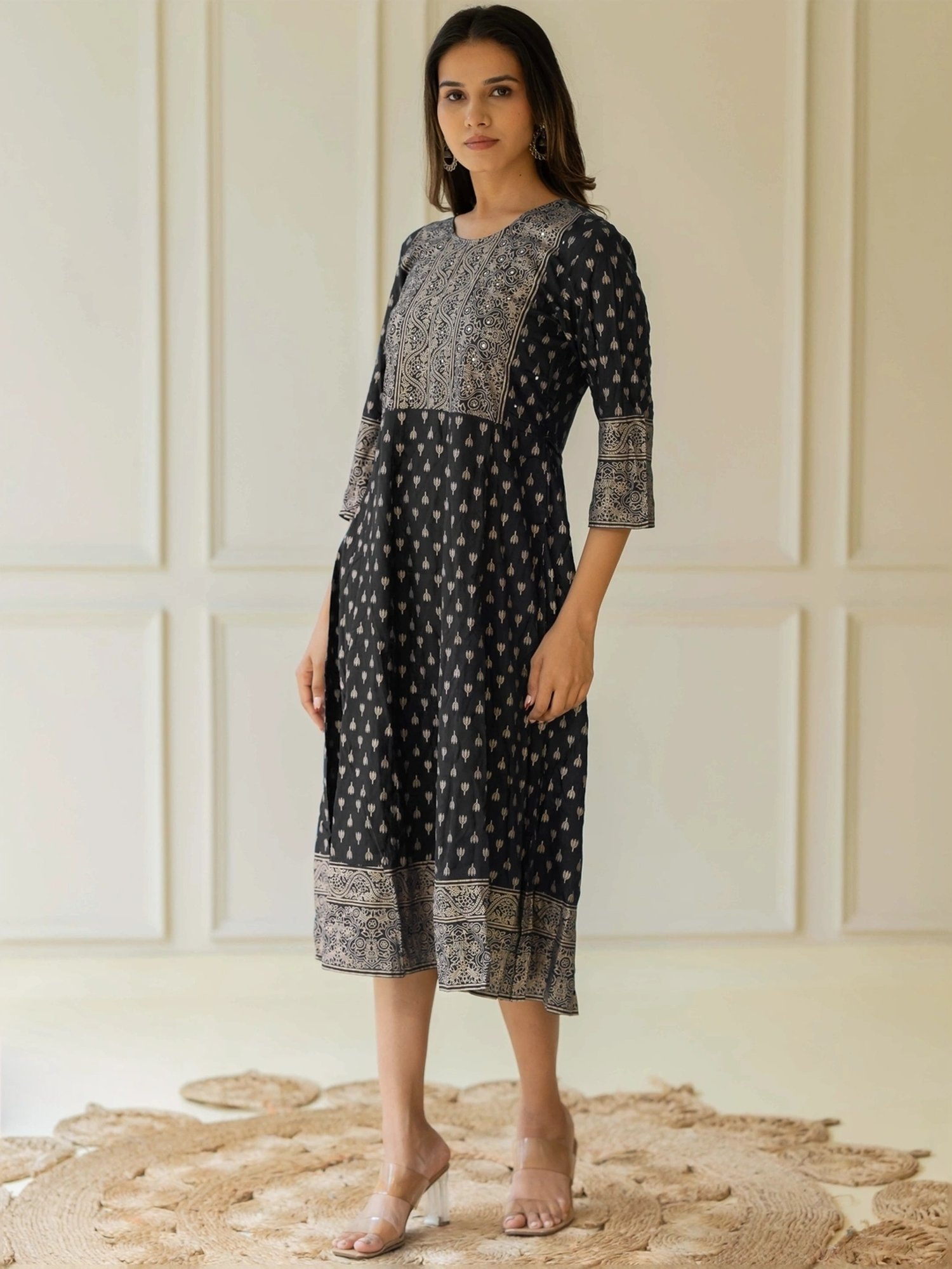 MIRCHI FASHION Black Cotton Printed A-Line Dress