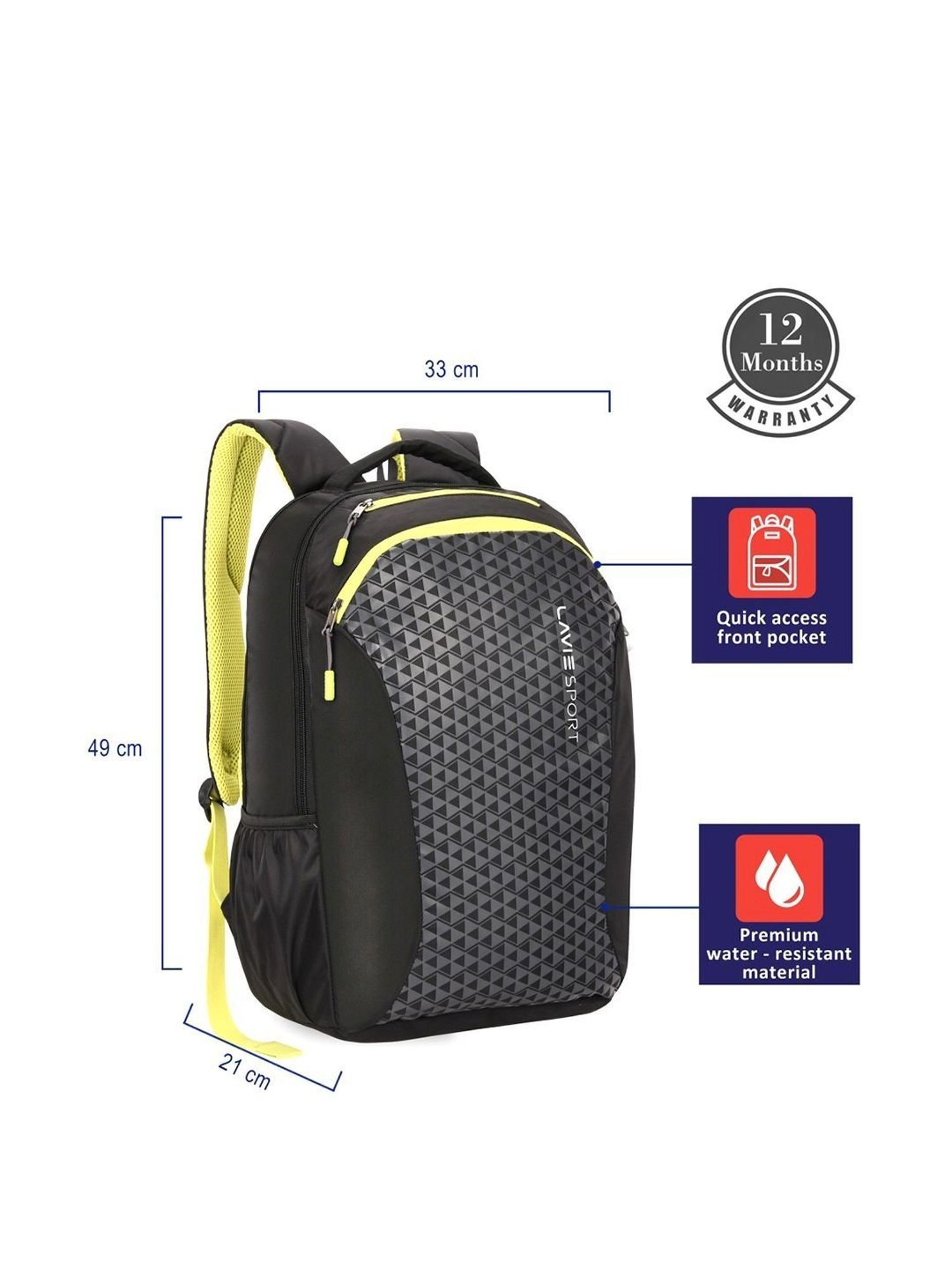 Lavie Sport Rapid Black & Grey Polyester Medium Laptop Backpack with Rain Cover