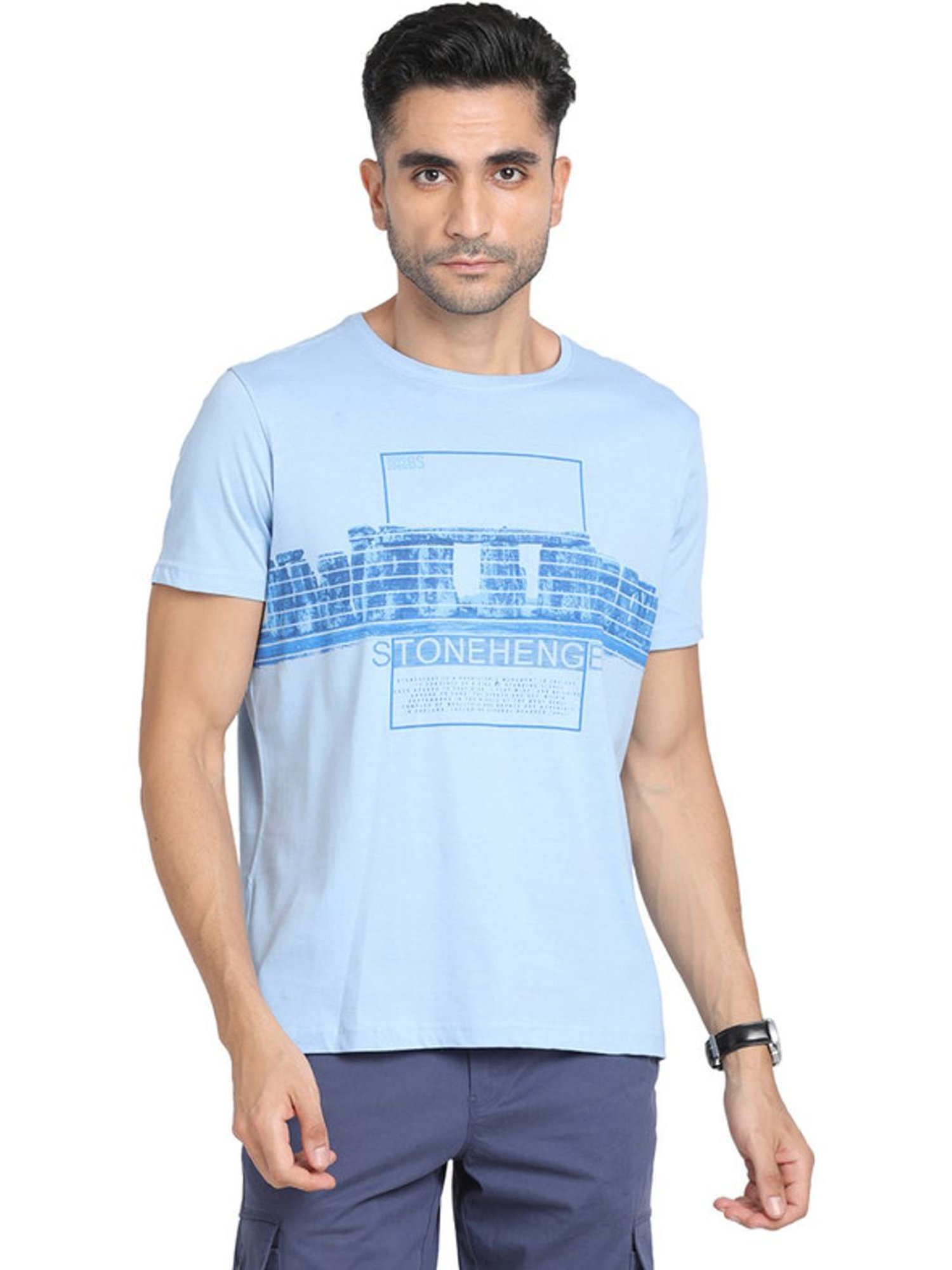 Turtle Blue Cotton Slim Fit Printed T-Shirt