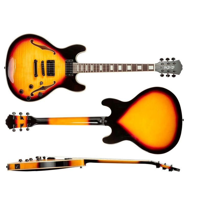 Monoprice Indio Boardwalk Flamed Maple Hollow Body Electric Guitar - Sunburst, With Gig Bag