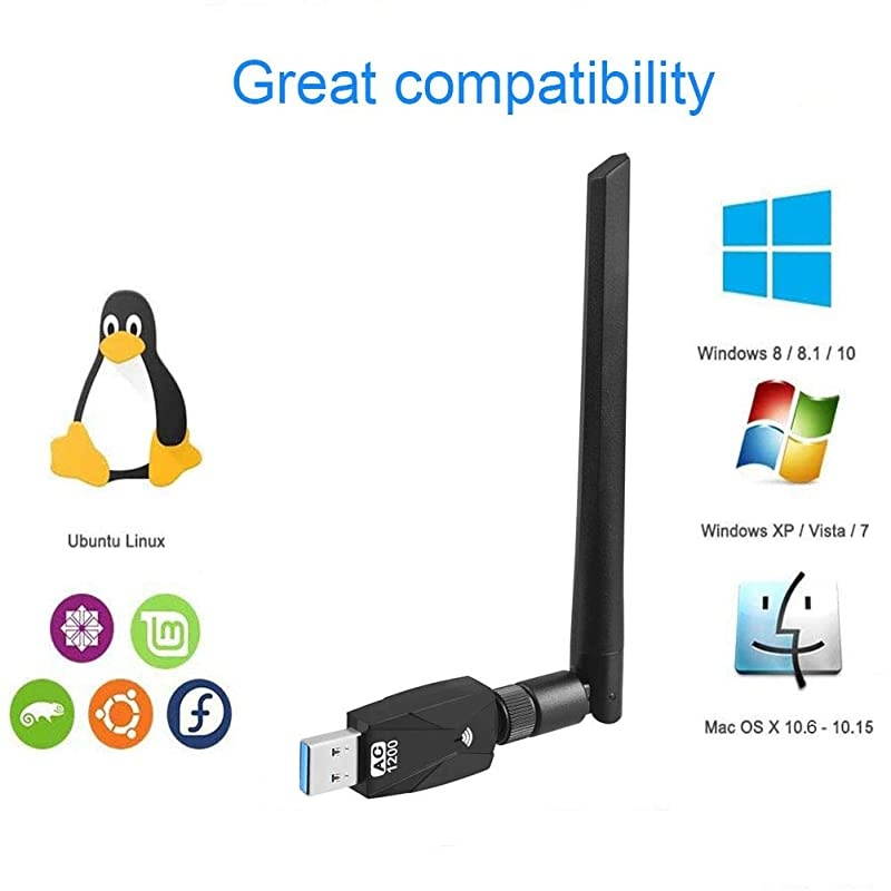 WiFi Adapter for PC AC1200Mbps Wireless Network Adapter for Desktop with 2.4GHz/5GHz High Gain Dual Band 5dBi Antenna, Supports Windows 10/8.1/8/7/XP, Mac OS 10.6-10.15,Vista,Linux