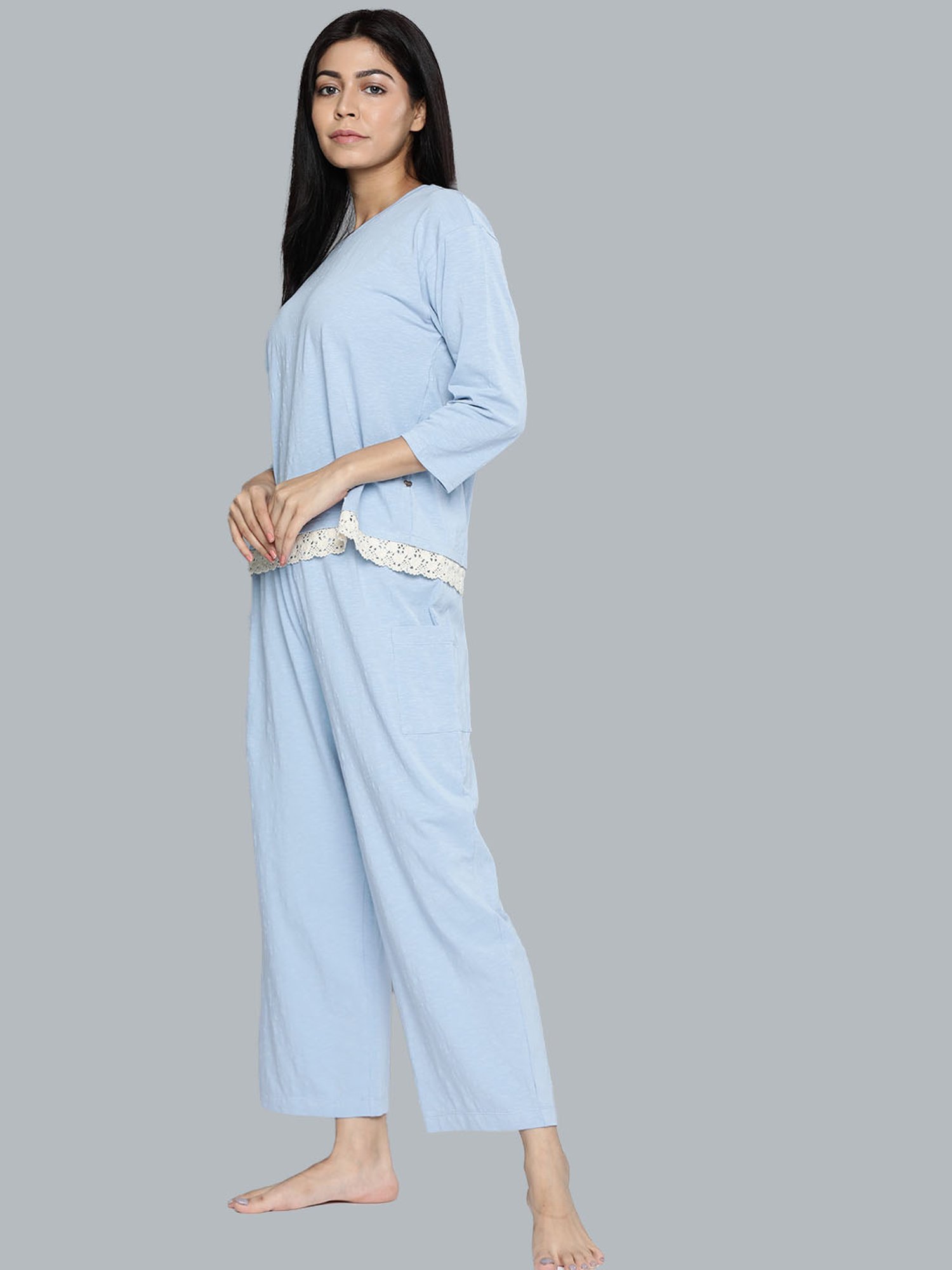 Chemistry Blue Textured Top With Pyjama Set