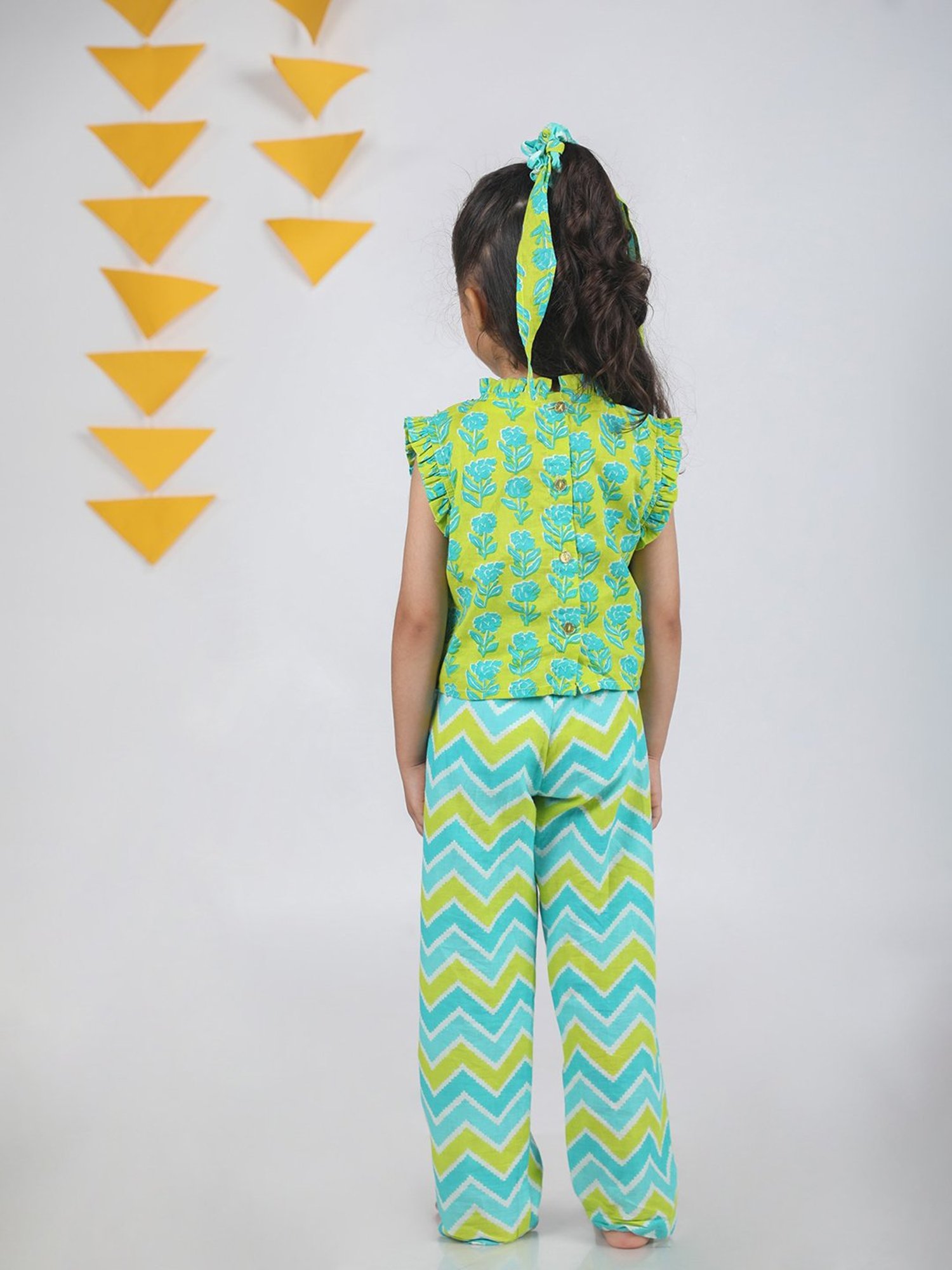 Budding Bees Kids Mint Green Printed Top, Trousers with Scrunchie