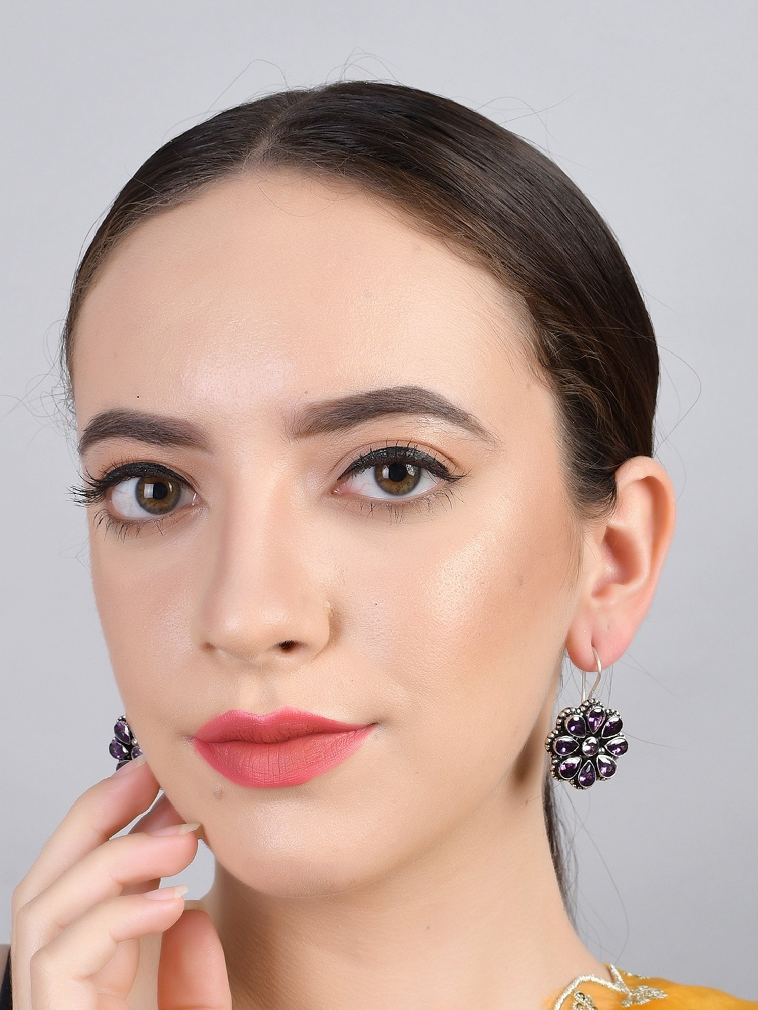 Imli Street Purple Silver Tone Stone-Studded Handcrafted Drop Earrings