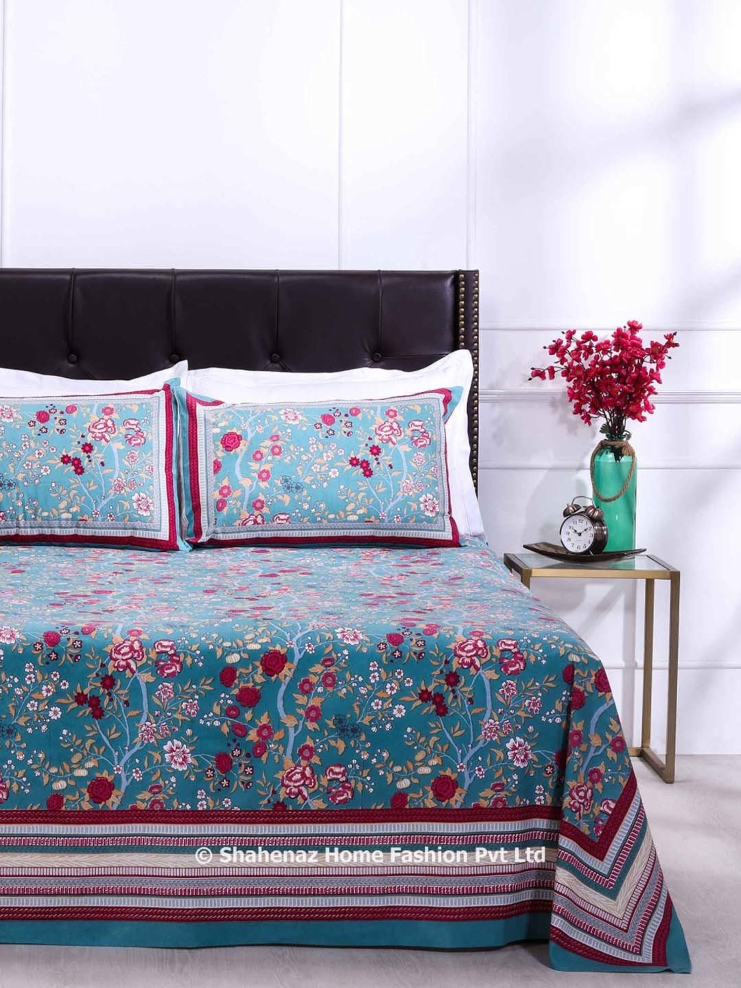 Shahenaz Green & Pink 120 TC Cotton Rama Kashvi Single Bedsheet with 1 Pillow Cover