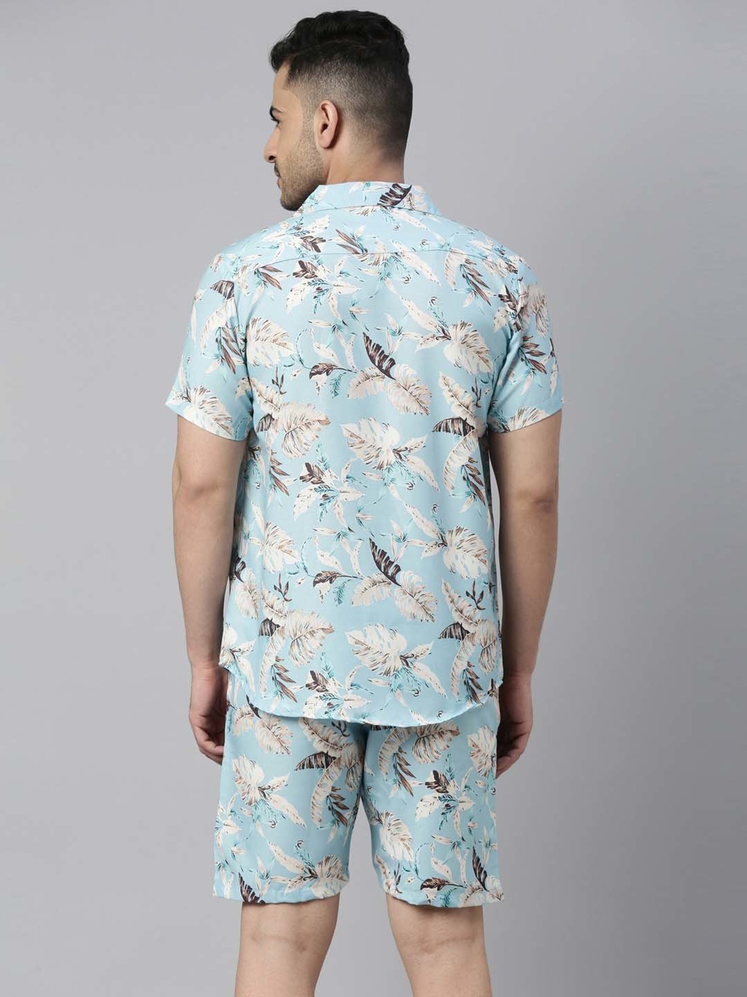 Bushirt Light Blue Regular Fit Printed Shirt & Shorts Set