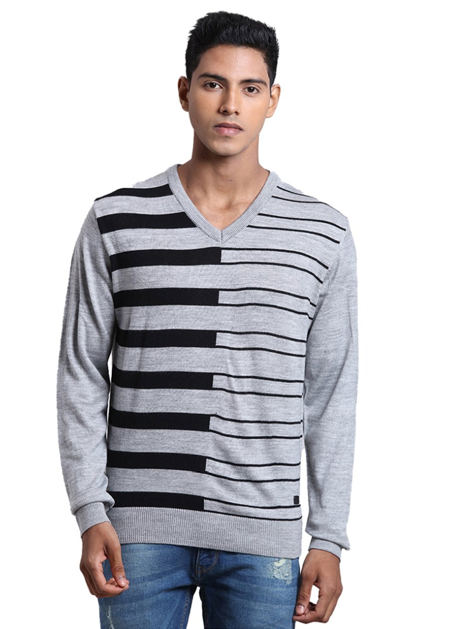 Parx Grey Regular Fit Striped Sweater