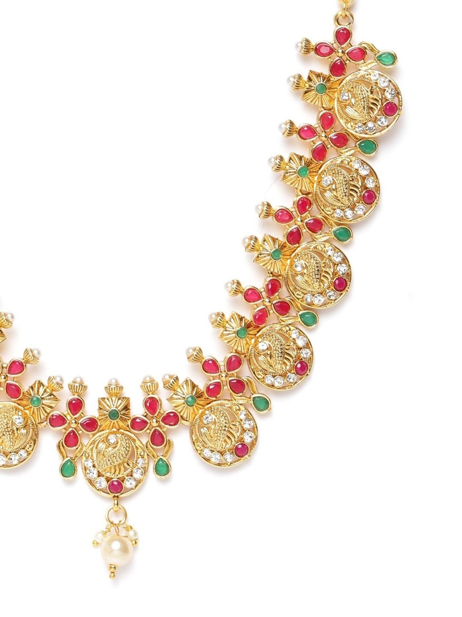 Zaveri Pearls Green & Pink Stones Peacock Inspired Pearls Choker Necklace & Earring Set-ZPFK9557