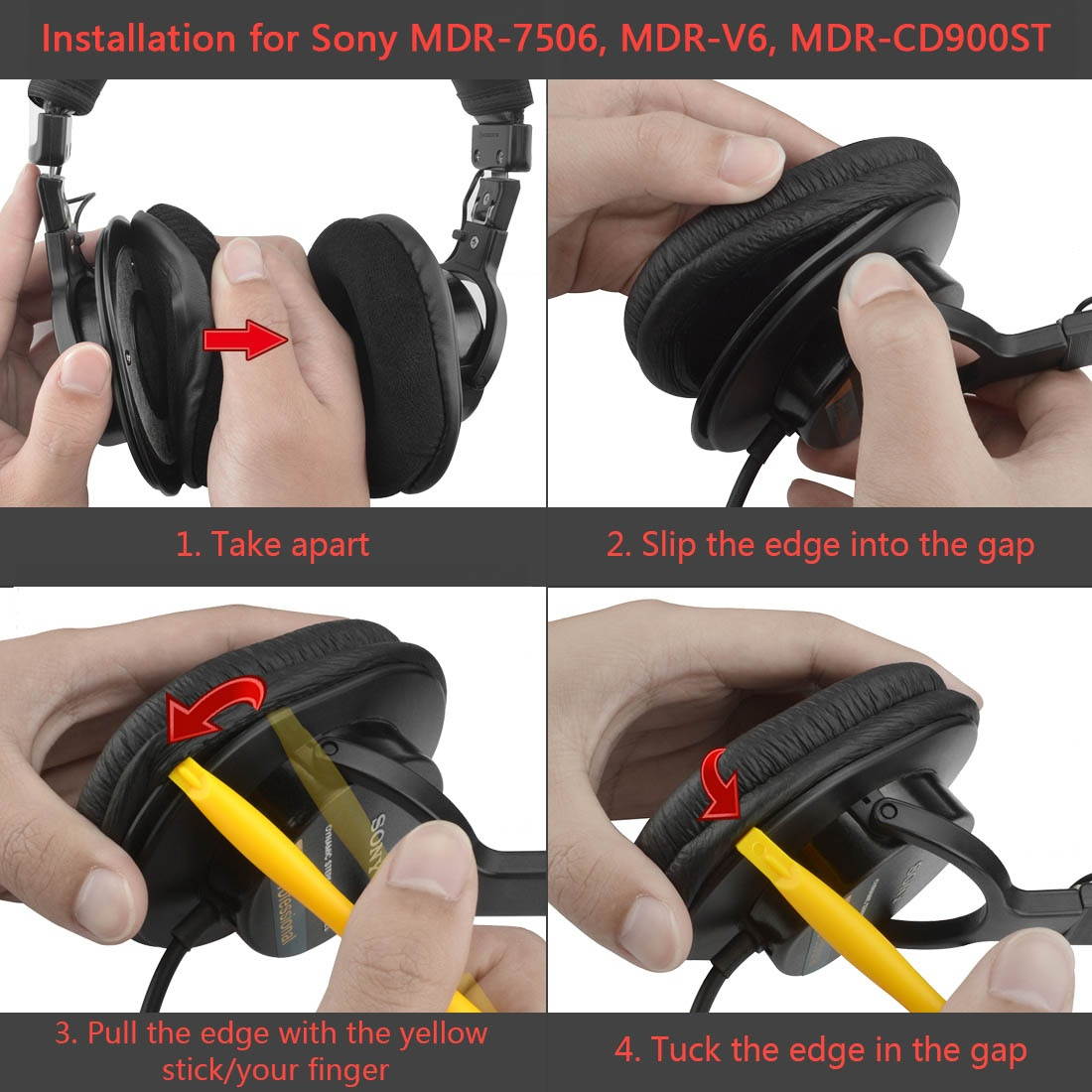 Geekria QuickFit Protein Leather Ear Pads for SONY MDR-7506, MDR-V6, MDR-CD900ST Headphones Replacement Earpads / Ear Cushion / Ear Cups, Headset Ear Cover Repair Parts (Black)