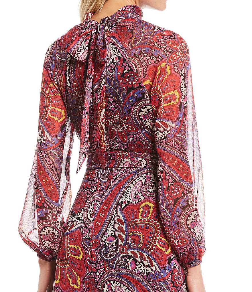 Tahari ASL Paisley Print Metallic Yoryu Long Sleeve Tie Waist Ruffle Hem Maxi Dress