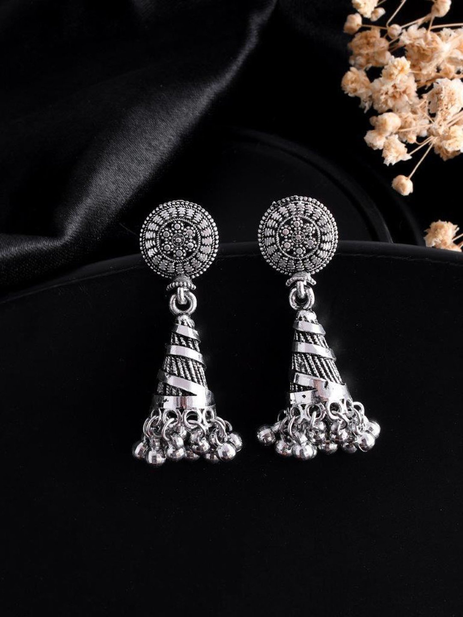 VOJ Oxidised Silver Plated Contemporary Jhumka for Women