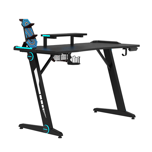 TakeIt Gaming Desk Z-Shaped Computer Desk 47" Gamer Workstation with Monitor Stand & Carbon Fiber Surface Gamer Table with RGB Lights Cup Holder Headphone Hook & Plug Board Holder