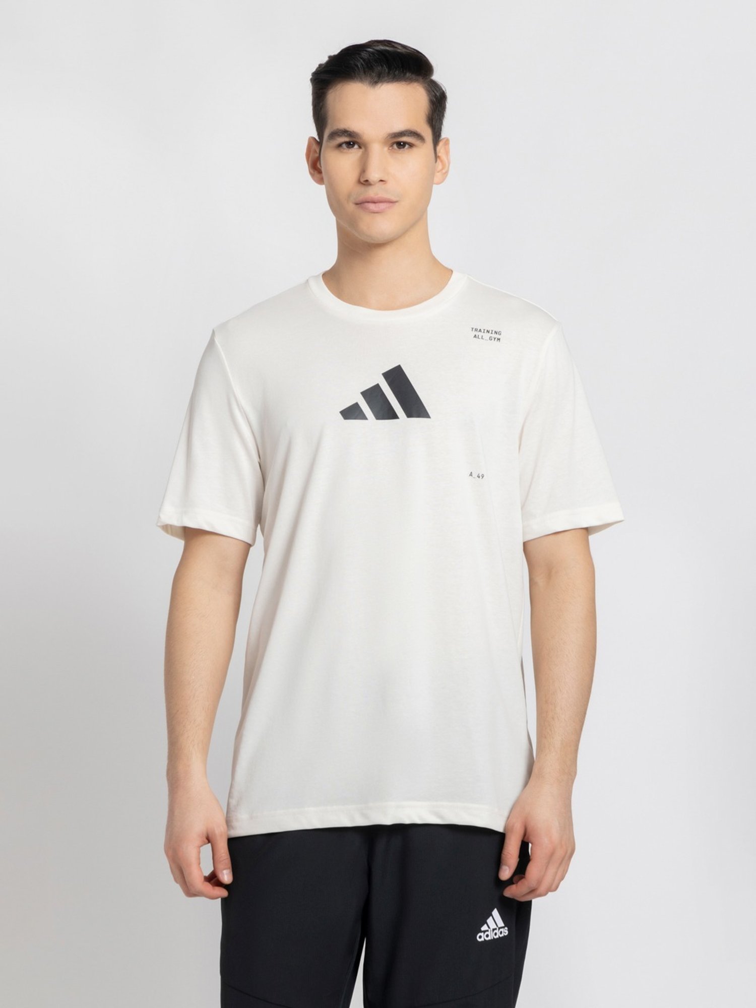 Adidas White Cotton Regular Fit Printed Sports T-Shirt