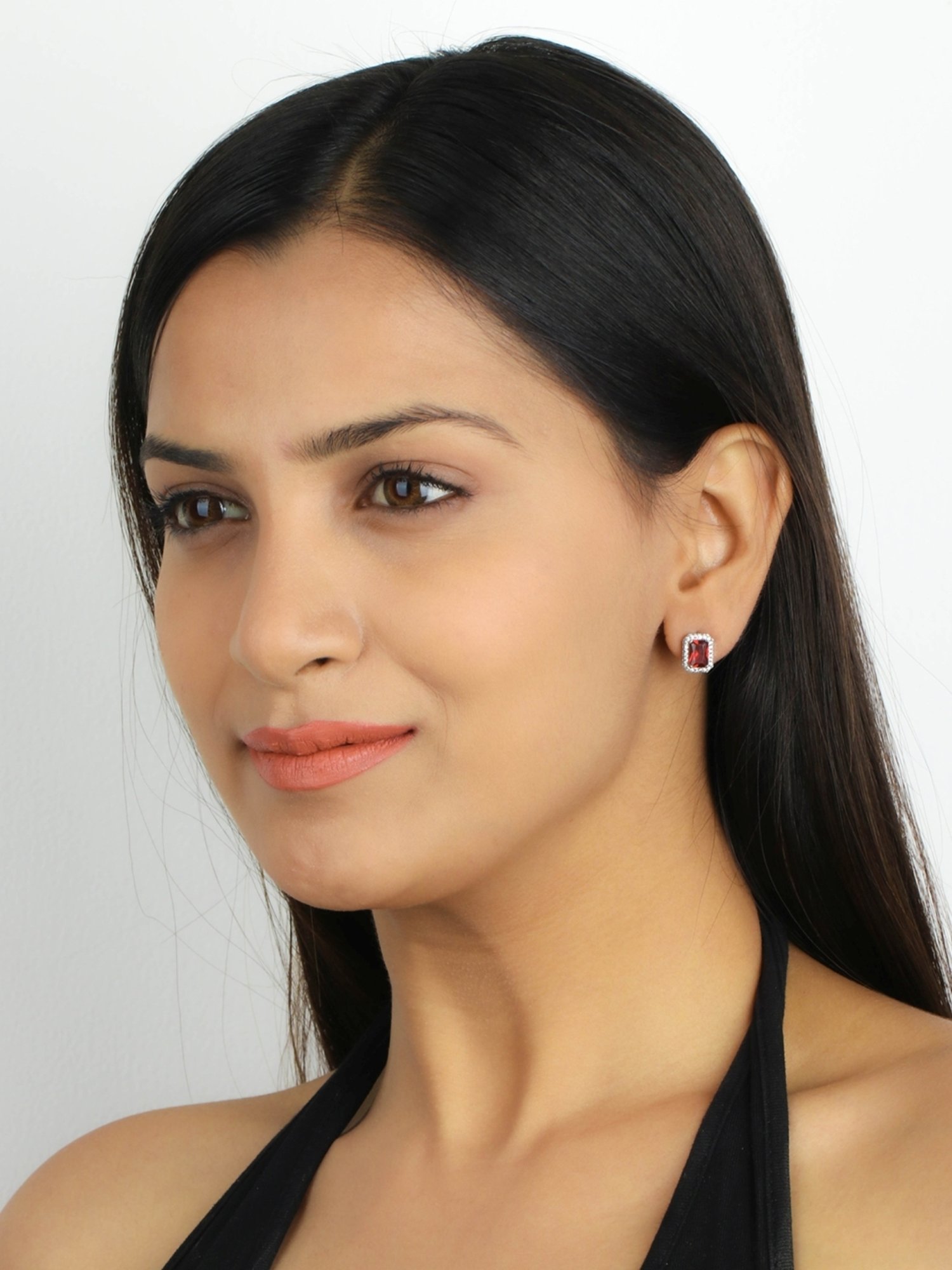 925 Silver Red Ruby and American Diamond Halo Stud Earrings for Women & Girls