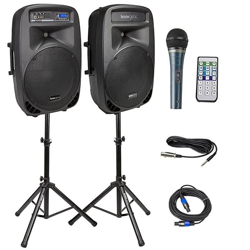 Dual 15" Speakers, 600 Watt - 8 Piece Portable PA System - Microphone, Tripods, Remote Control - Bluetooth, USB, SD Card, RCA and 1/4" Inputs - Colorful LED Lights
