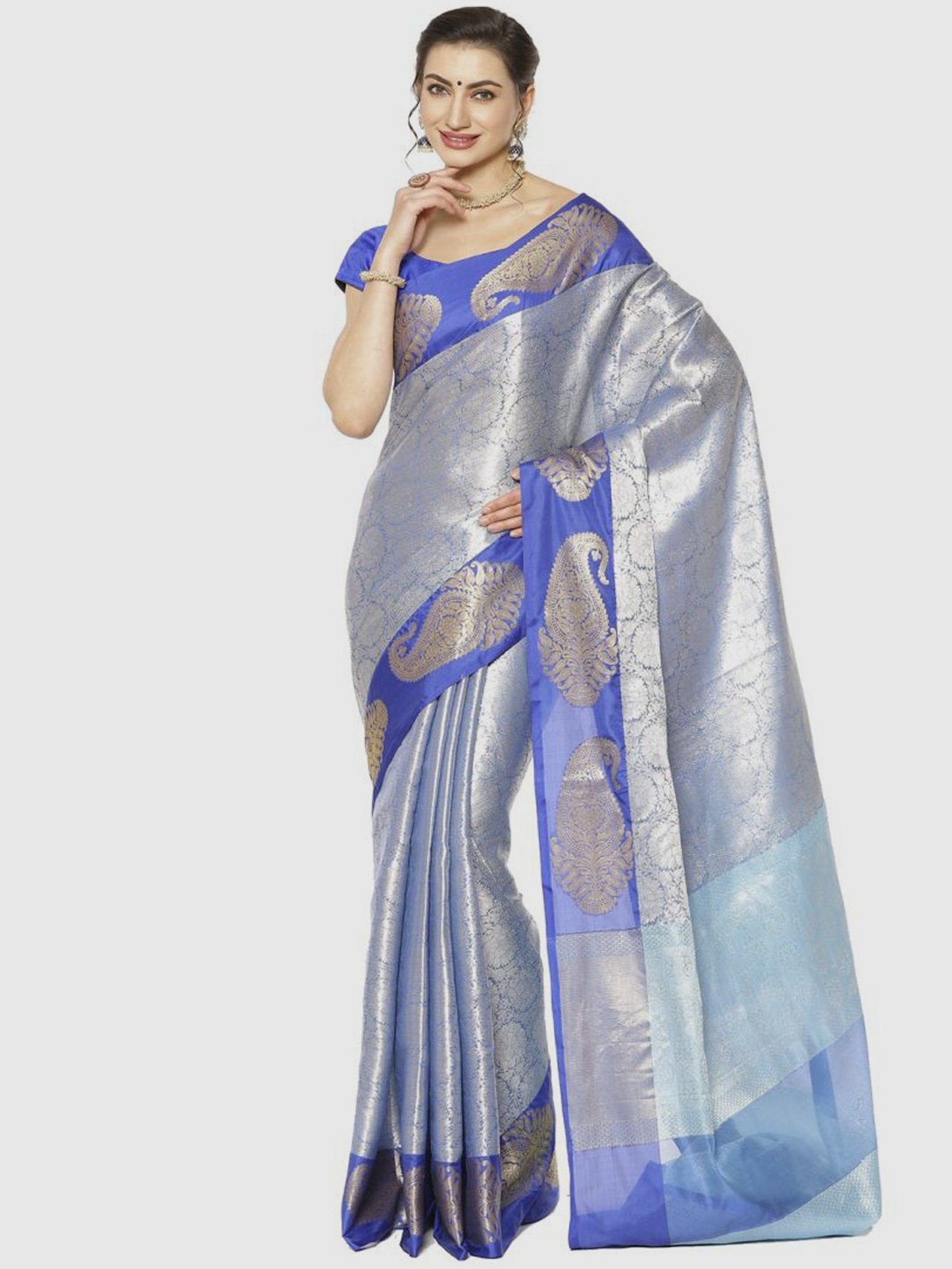 Banarasi Silk Works Blue Woven Saree With Unstitched Blouse