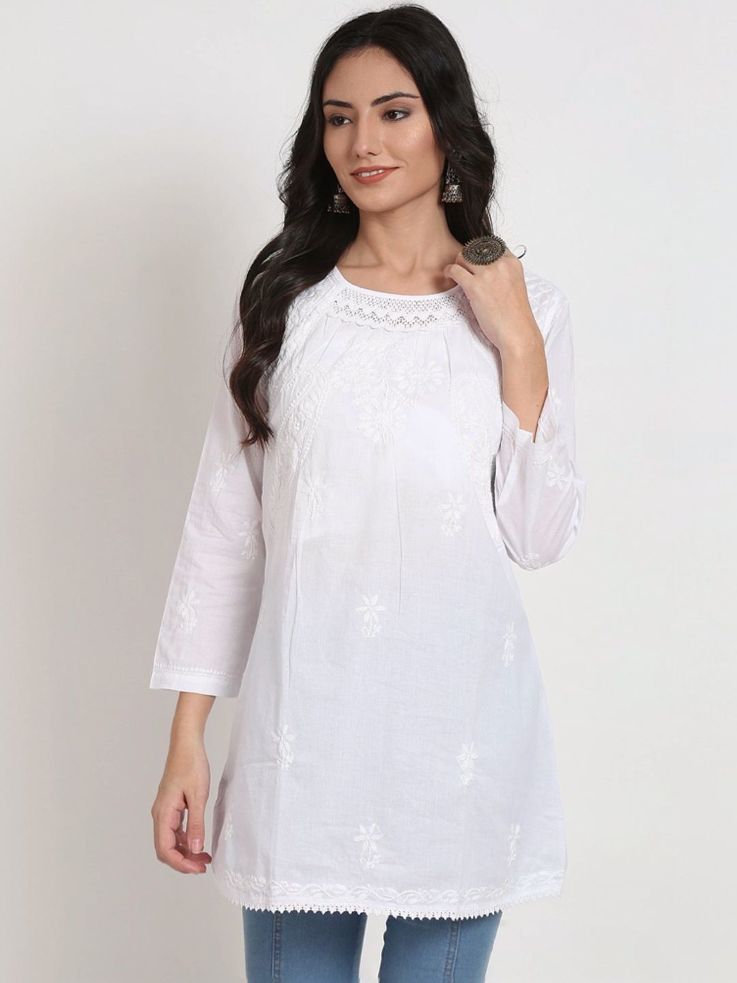 PARAMOUNT CHIKAN White Cotton Hand Embroidered Chikankari A Line Kurti