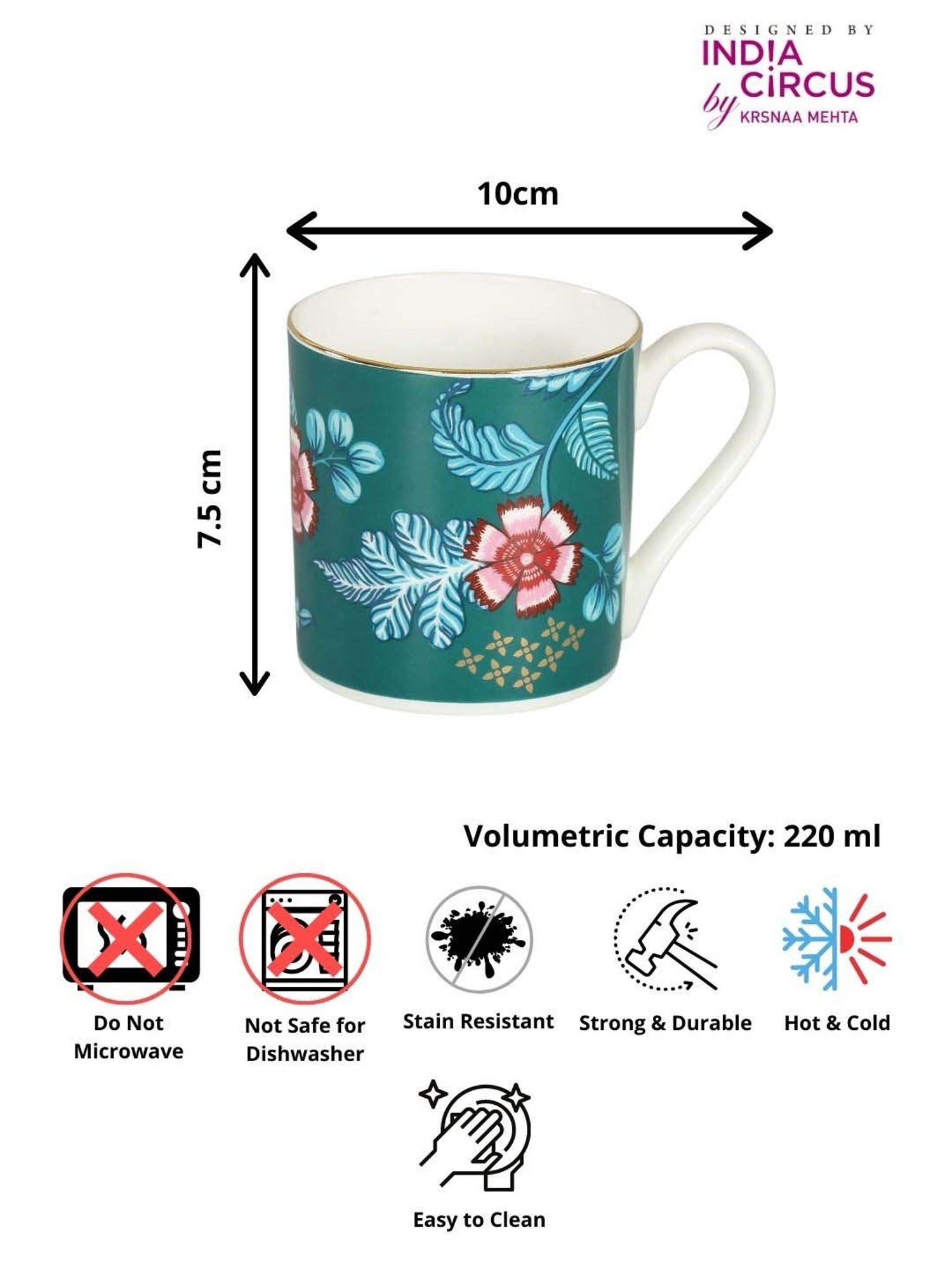 India Circus Teal Blue Ceramic 10 cm Coffe Mug (0.22 L) - Set of 6