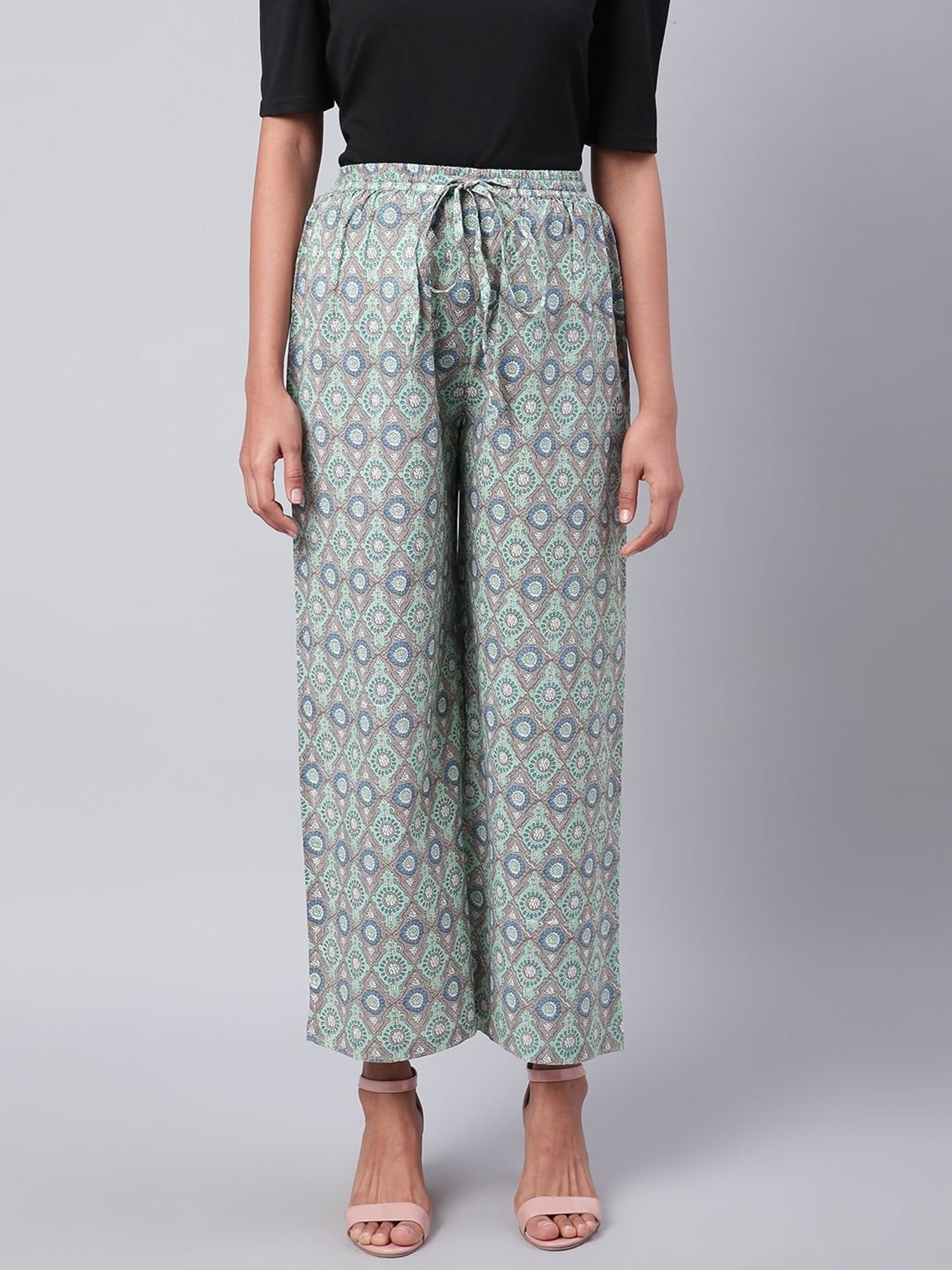 Sringam Grey Cotton Printed Palazzos