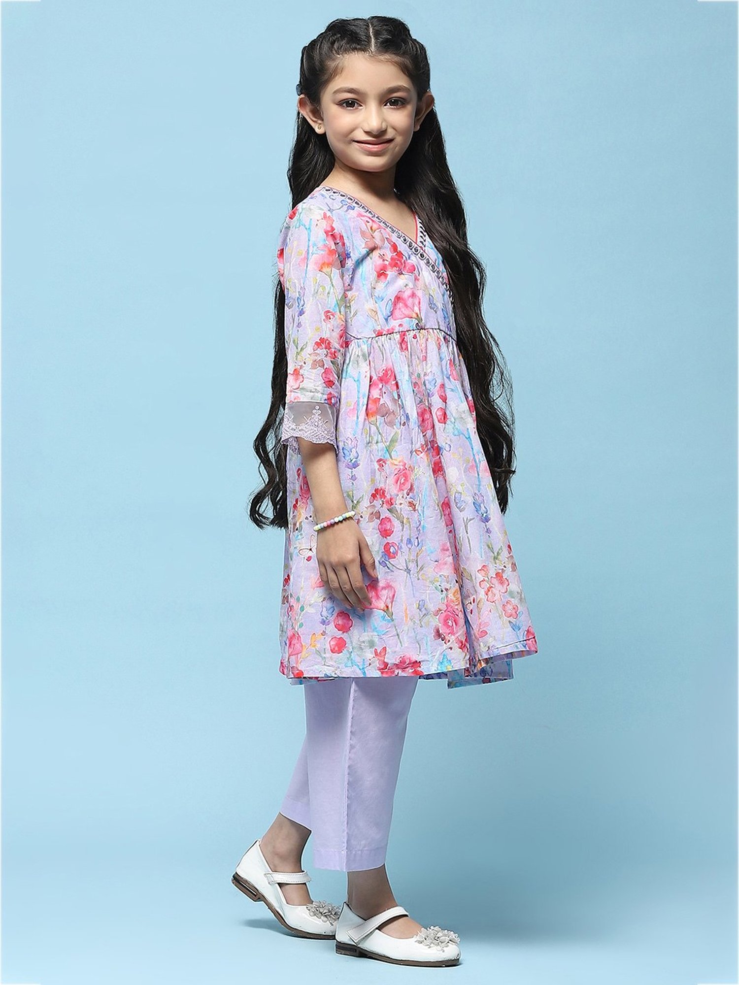 BIBA Girls Purple Floral Print Kurta with Pants