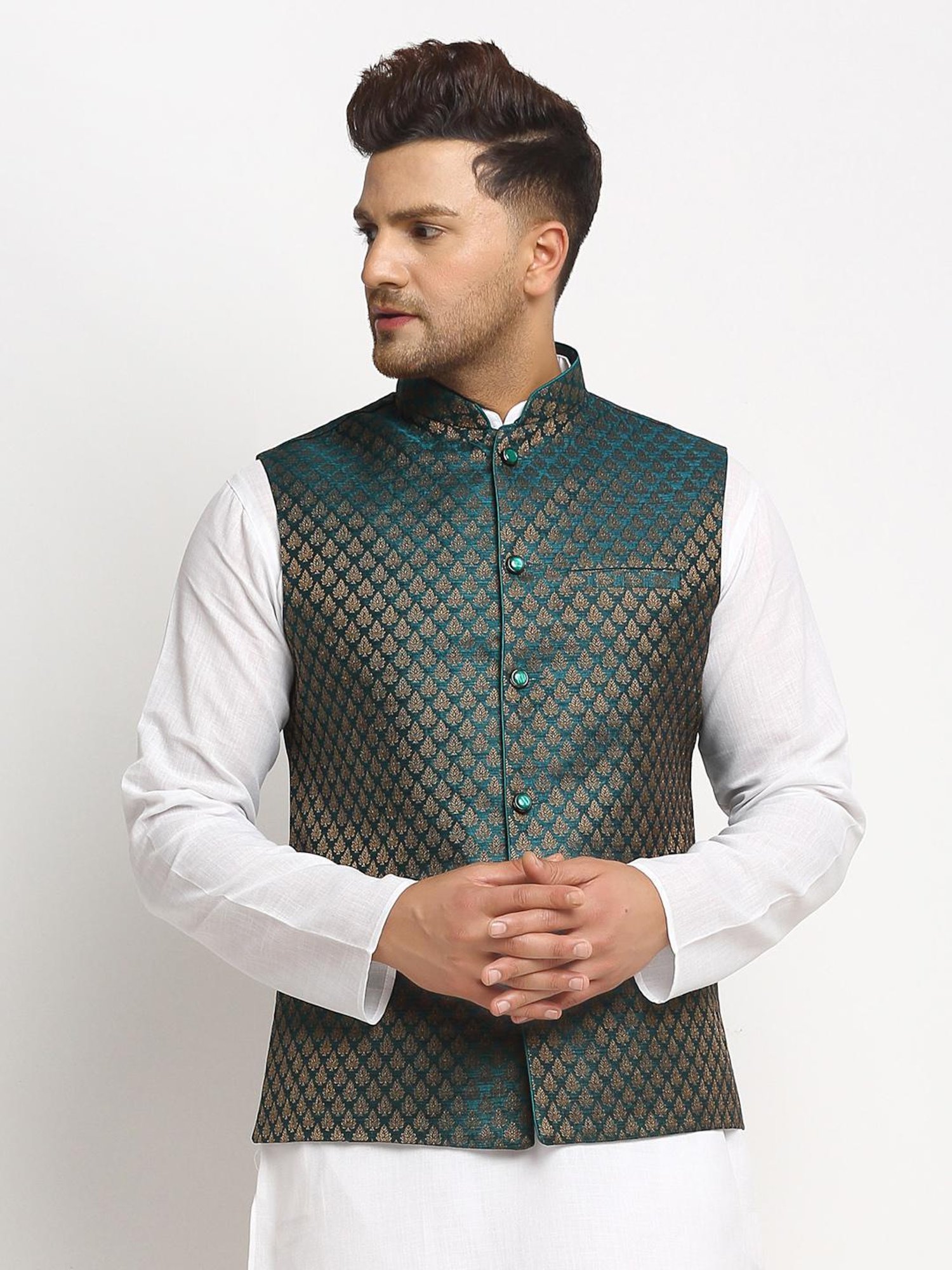 Treemoda Dark Green Regular Fit Self Pattern Nehru Jacket