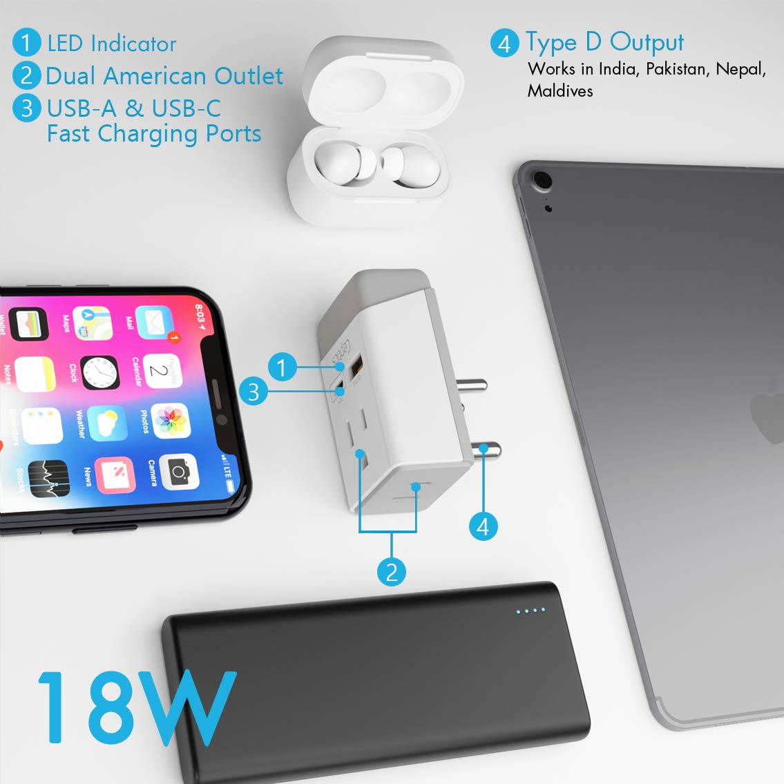 India Travel Adapter | Type D - USB-A & USB-C Ports + 2 USA Outlet (AP-10)