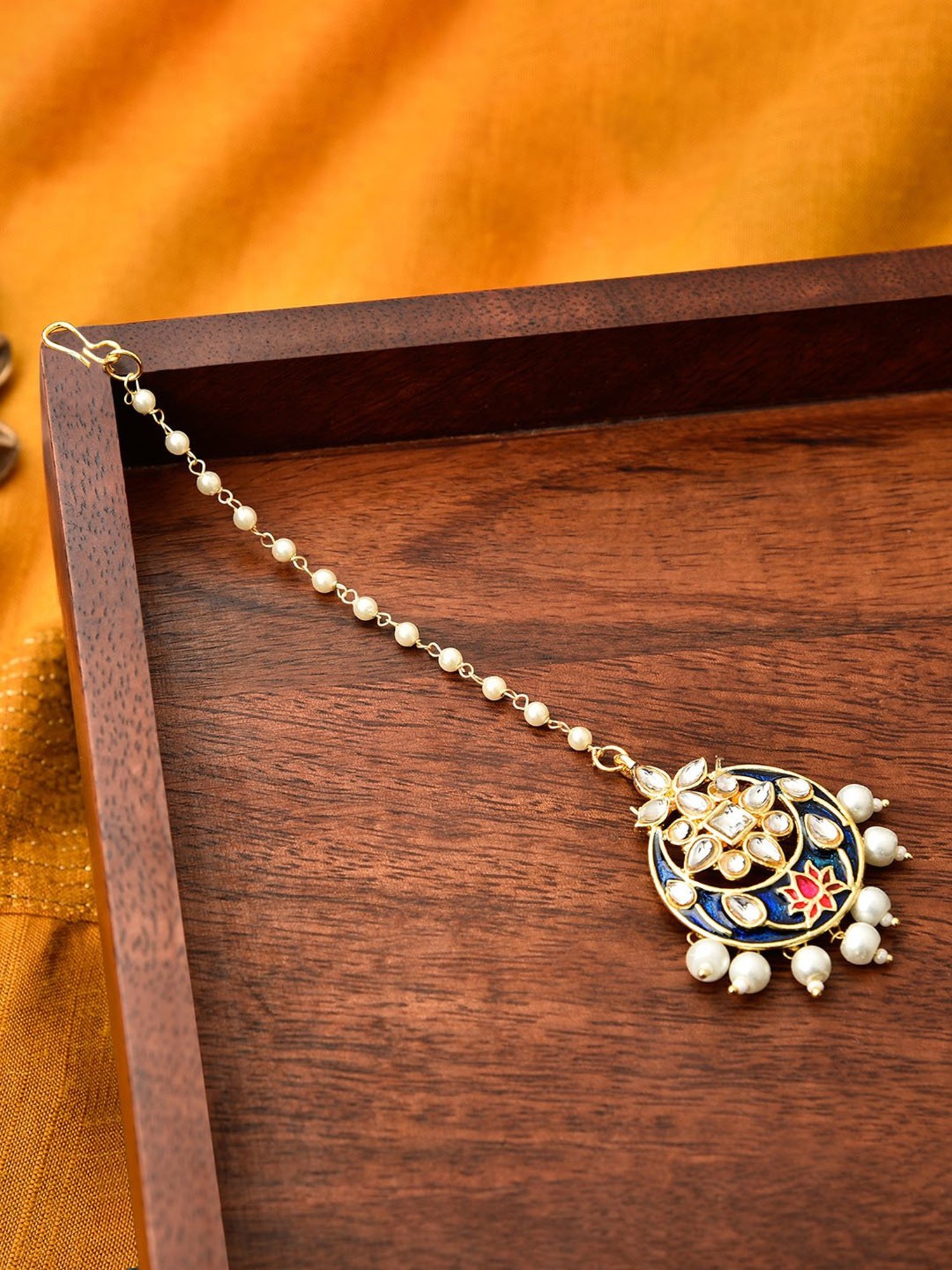 Fida Kundan Pearls Blue Pink Enamelled Floral Crescent Mangtikka for Women