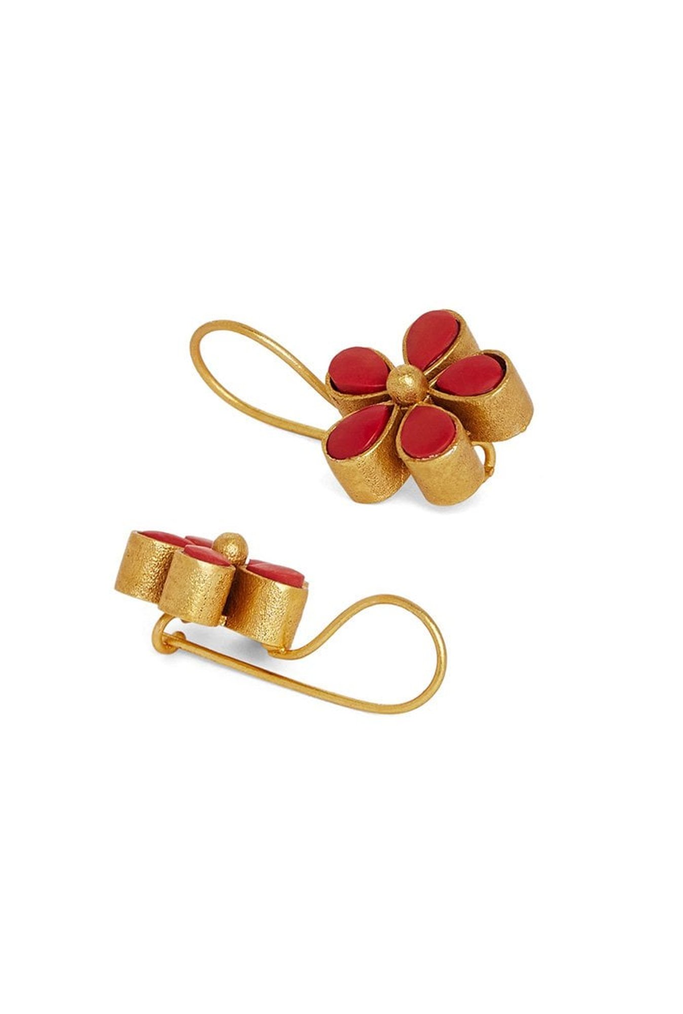 Panash Red & Golden Brass Floral Drop Earrings