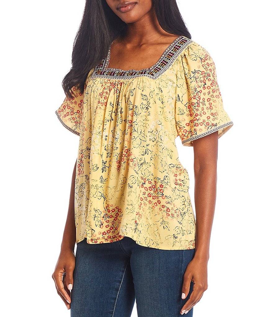 One World Apparel Jacquard Square Neck Short Sleeve Yellow Multi Floral Print Top