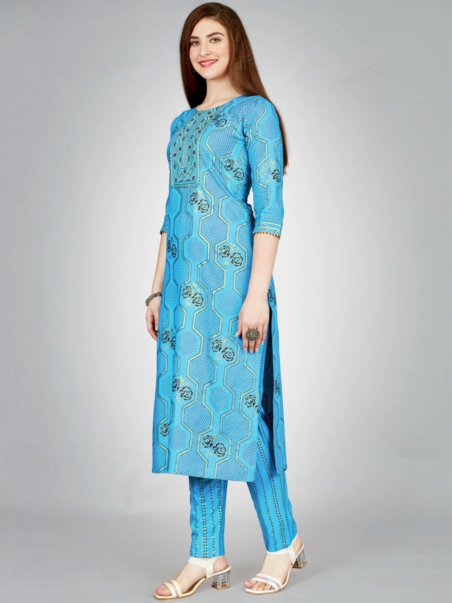 Odette Blue Printed Kurta Pant Set